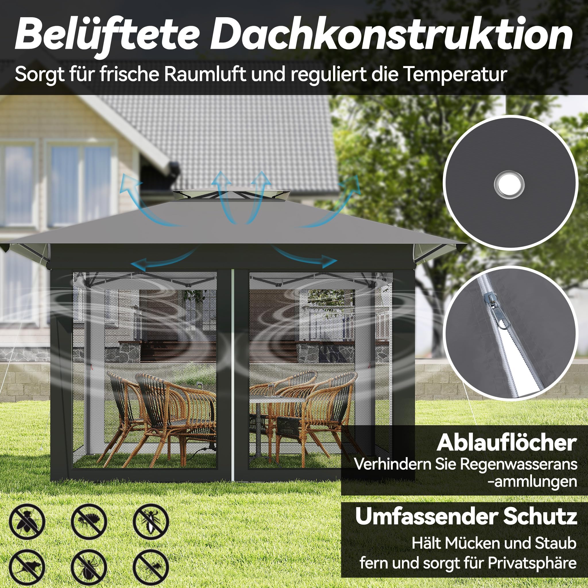 LZQ Tonnelle pliante 4 x 4 m anthracite - Avec double toit - Parties latérales en moustiquaire amovibles - Hauteur réglable - Avec sac de transport, cordes à vent et piquets pour jardin, terrasse et