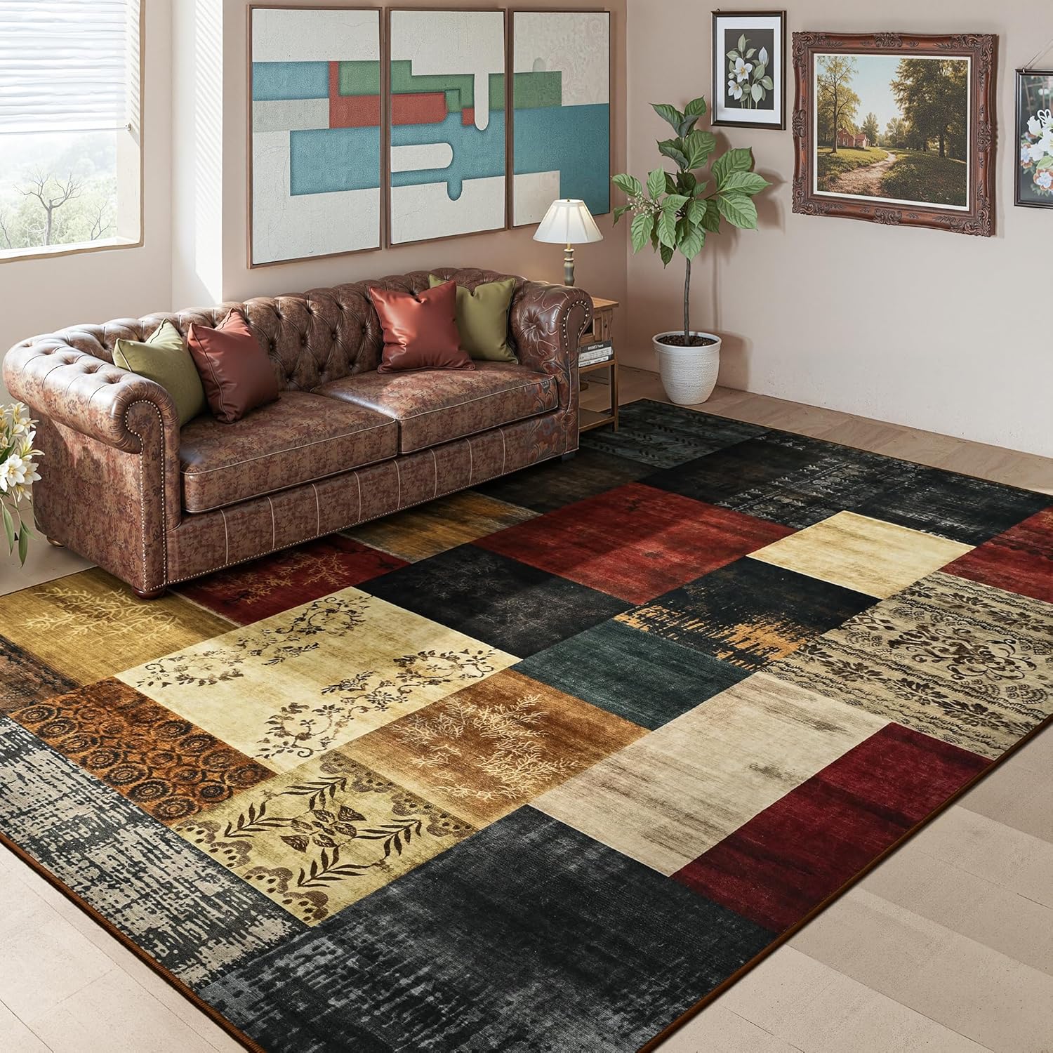 Tepook Modern Area Rug for Living Room, 6x9 Geometric Large Rugs for Bedroom, Washable Patchwork Rug Indoor Non-Slip Throw Carpets for Dining Room Office Farmhouse Home Decor, Multi