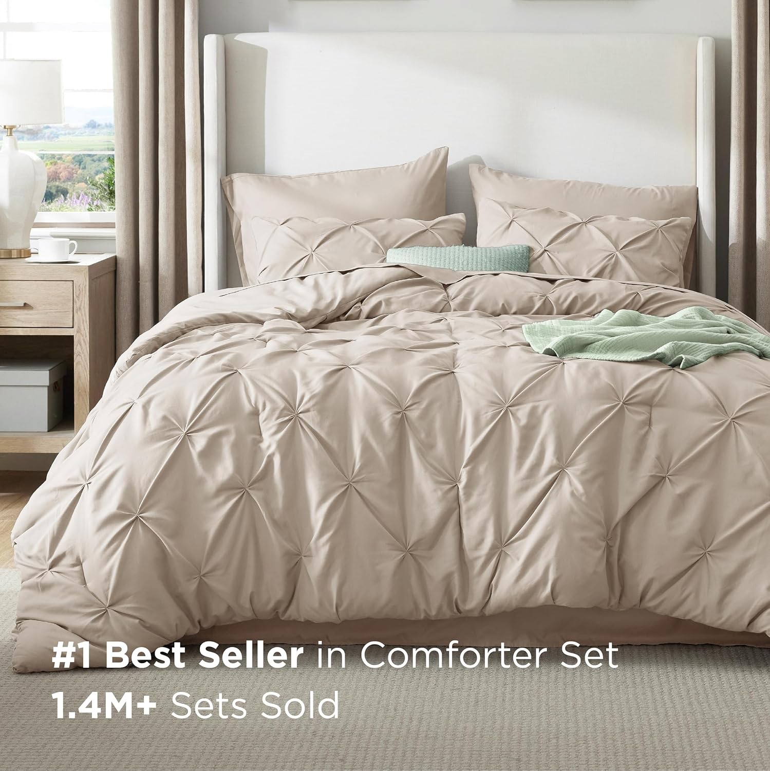 Bedsure King Size Comforter Set Beige - Bed in a Bag Bedding Set 7 Pieces, GentleSoft™ Pintuck Bed Set Gift for Family, Pinch Pleat Beige Comforter with Sheets, Pillowcases & Shams