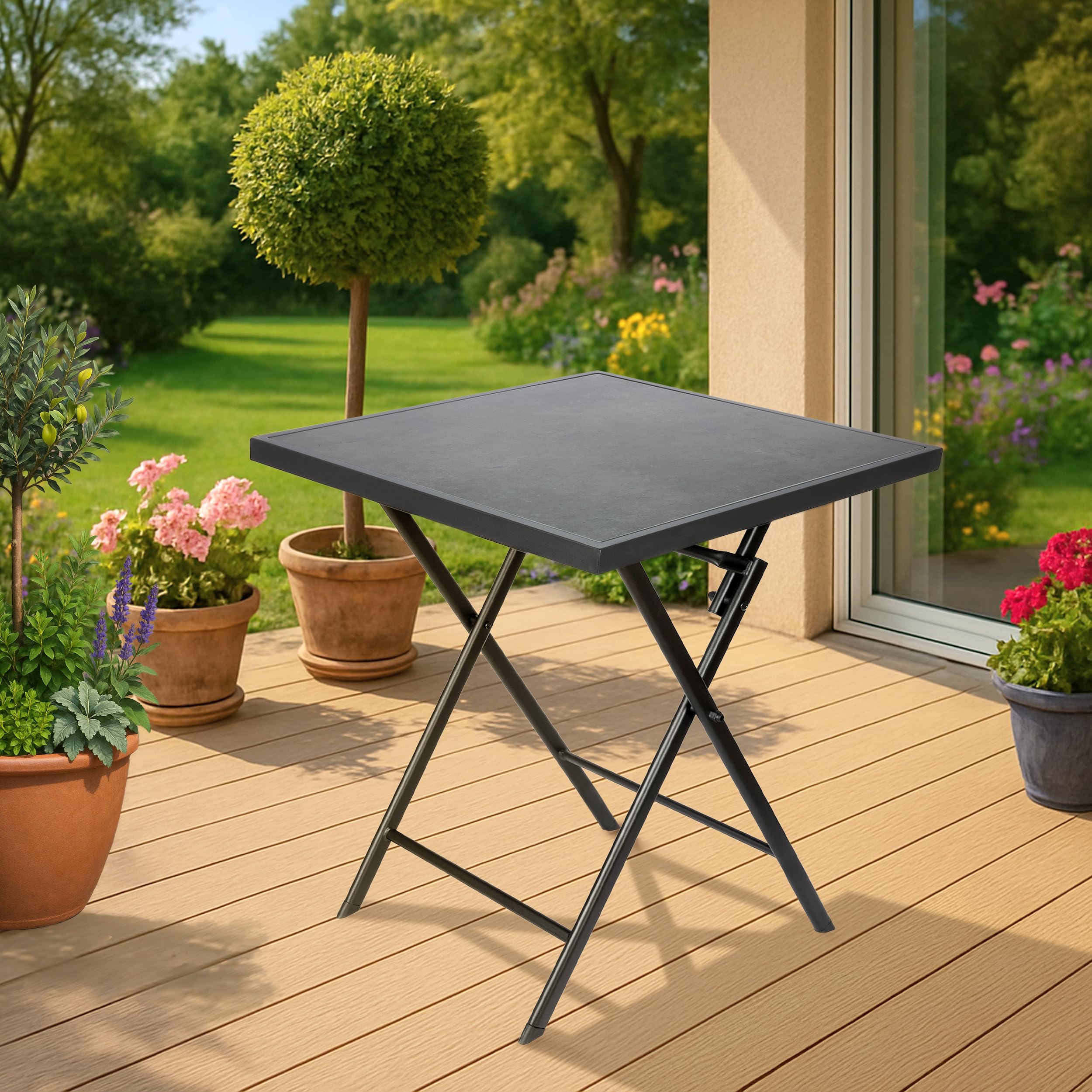BRUBAKER Gartentisch Bergamo - 58 x 58 cm Balkontisch wetterfest - Metall Beistelltisch klappbar - Campingtisch eckig mit Stein Optik - Klapptisch für Balkon, Terrasse - Bistrotisch - Grau