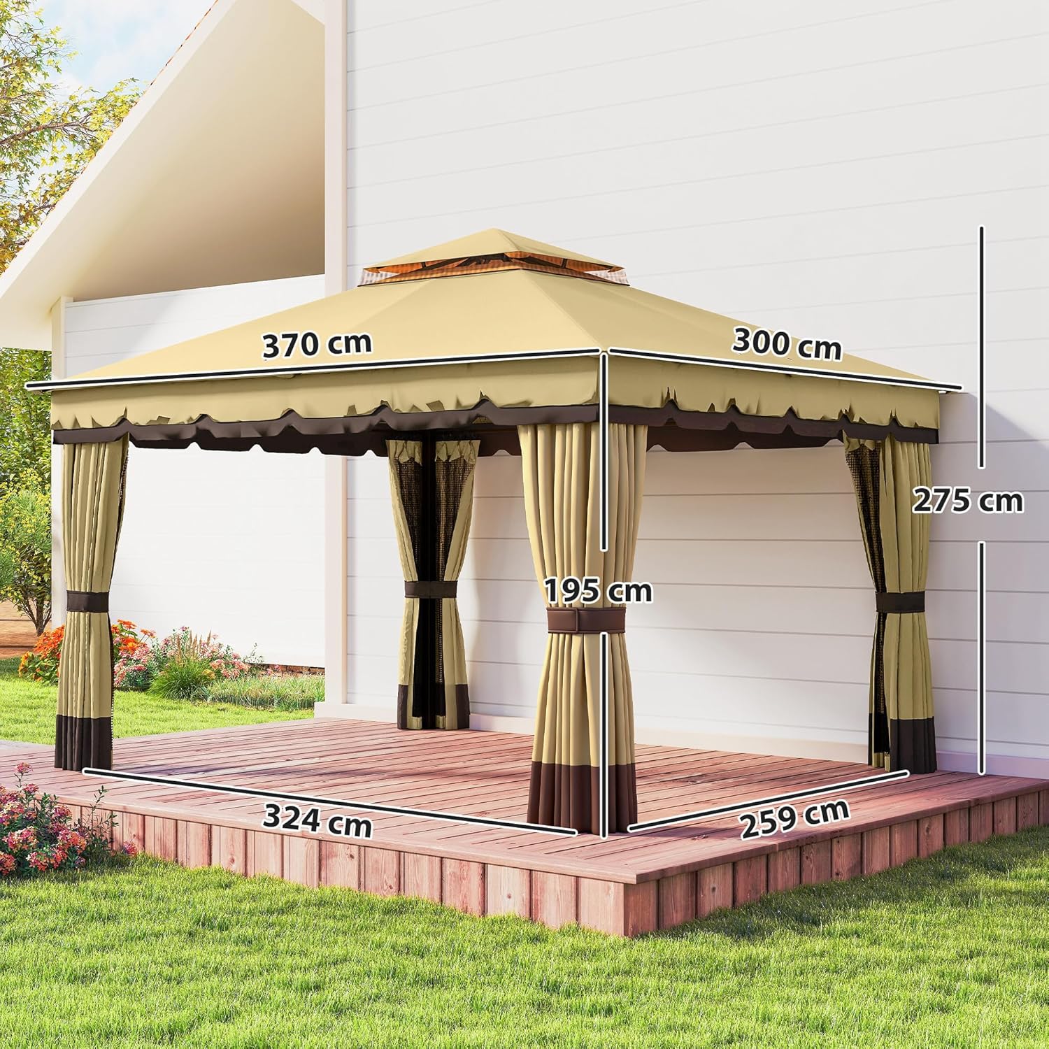 Diagram showing the dimensions of the Outsunny gazebo: 370cm length, 300cm width, 275cm height, 195cm eave height, 324cm inner length, and 259cm inner width.