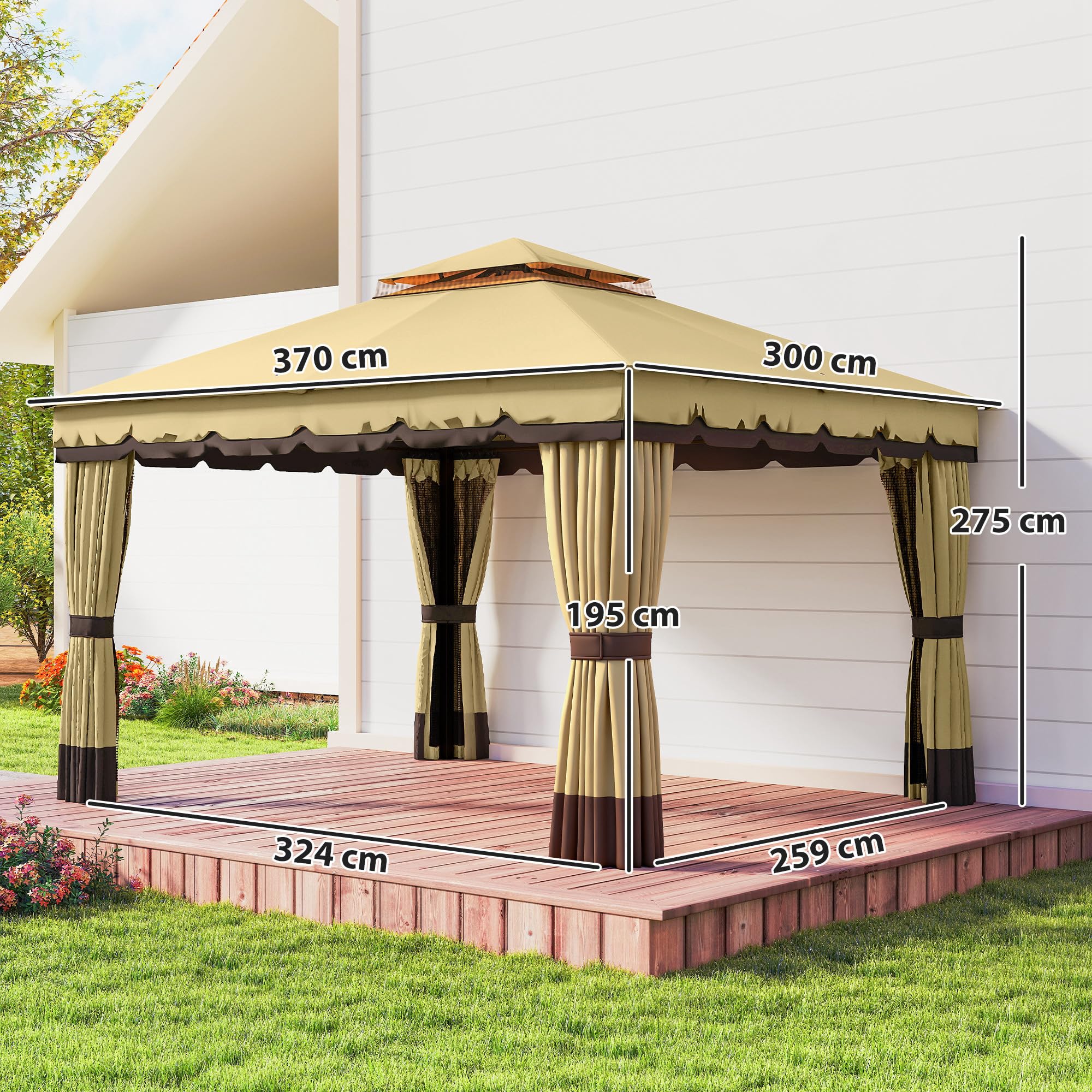 Outsunny Cenador de Jardín 3,7x3 m, Pabellón de Jardín Gazebo con Doble Techo, 4 Cortinas y Mosquitera, Marco de Acero, Orificios de Drenaje, UV30+, para Exterior, Terraza, Patio, Beige