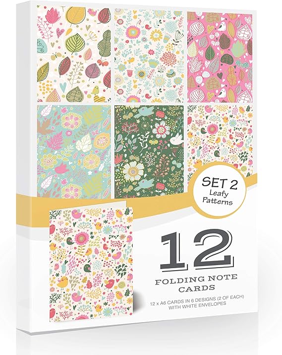12 x Blank Note Cards & Envelopes by Olivia Samuel. Leafy Pattern