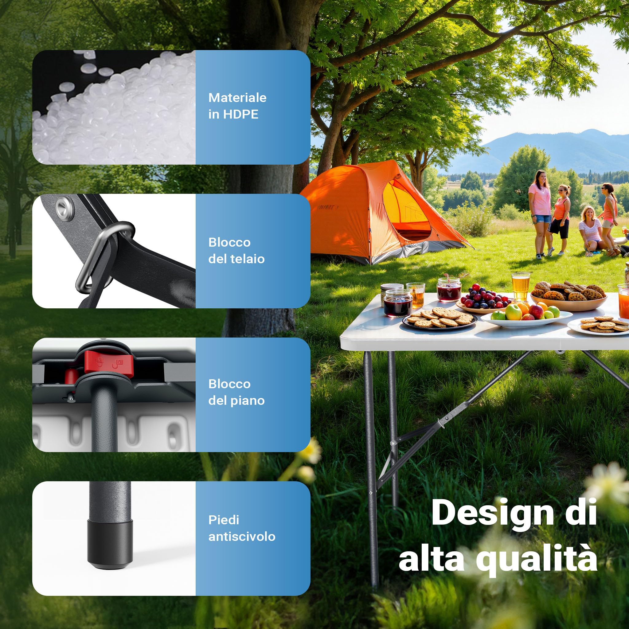 Wiltec Tavolo da campeggio richiudibile 122x60x75cm bianco per giardino esterno