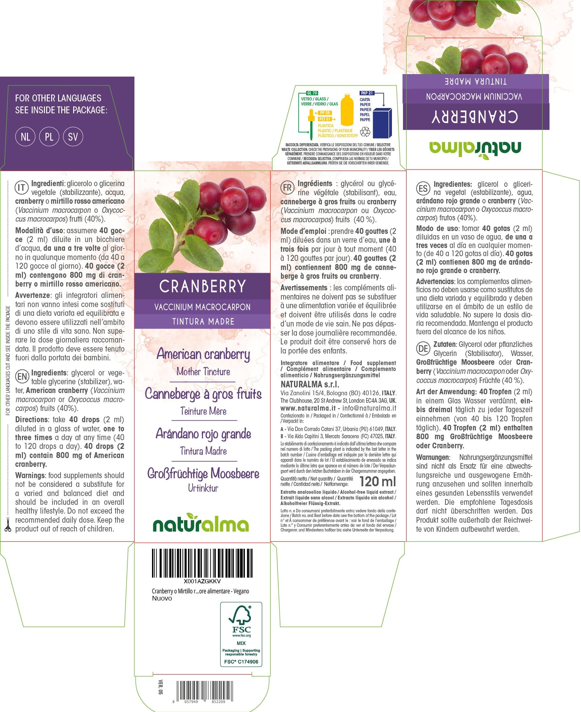 Cranberry o Mirtillo rosso americano (Vaccinium macrocarpon o Oxycoccus macrocarpos) frutti Tintura Madre analcoolica Naturalma - Estratto liquido gocce 120 ml - Integratore alimentare - Vegano