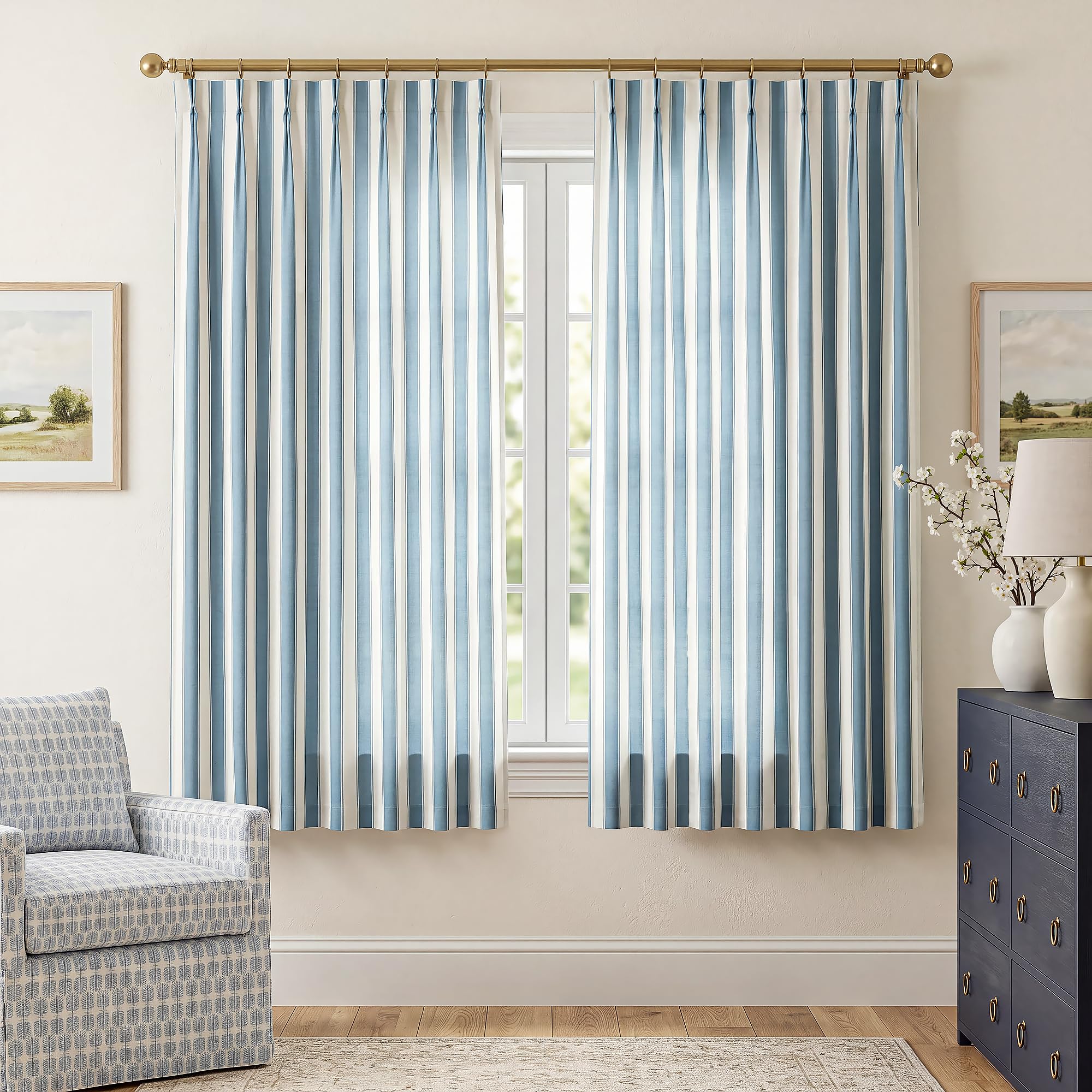 THREE GIRLS Navy Blue Striped Pinch Pleated Curtains 63 Inch, 2 Panels