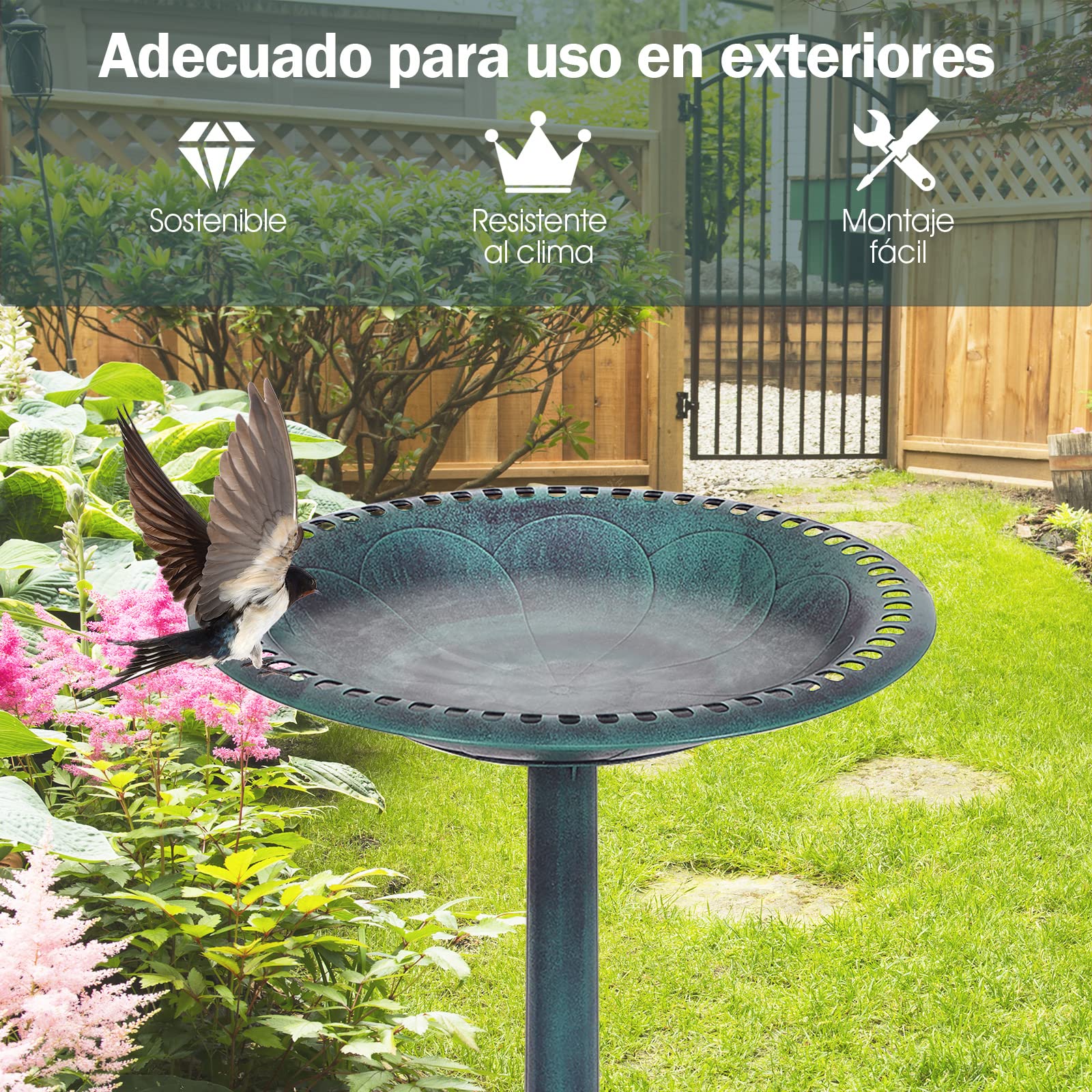 COSTWAY Comedero Pajaros Exterior de PP, Alimentación de Aves de Jardín, Comedero Vertical para Pájaros en Estilo Retro, Decorativo Exterior Baño de Pájaros (Verde Cobre, 51 x 51 x 72 cm) — view 4