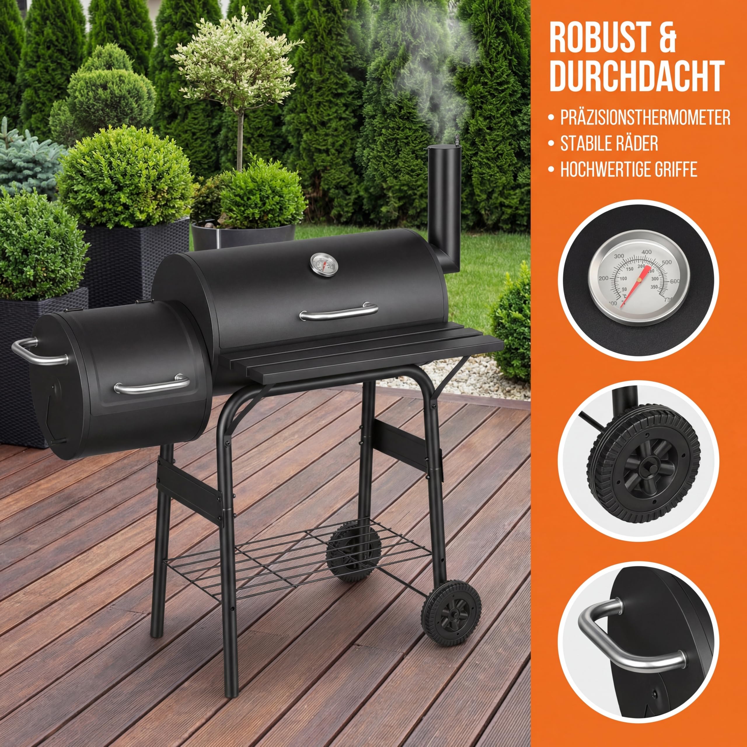 Grill wędzarniczy na węgiel drzewny z pokrywką i termometrem, na kółkach, 2-komorowy wędzarnia do bezpośredniego i pośredniego grillowania, grill ogrodowy z półką, czarny
