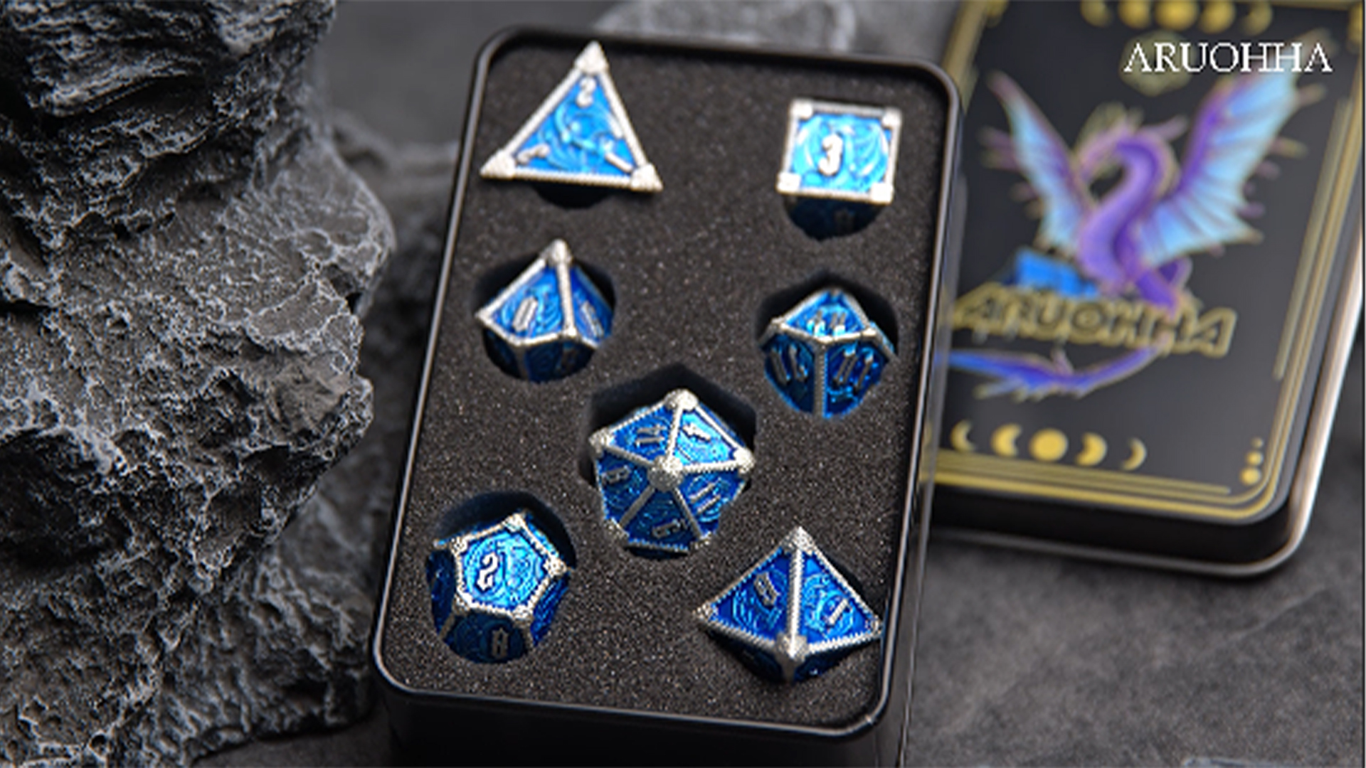 ARUOHHA Set De 7 Dés Métal Doré Antique - D4 à D20 - Boîte Cadeau Incluse - Pour D&D Et Jeux De Rôle - Poids 180g