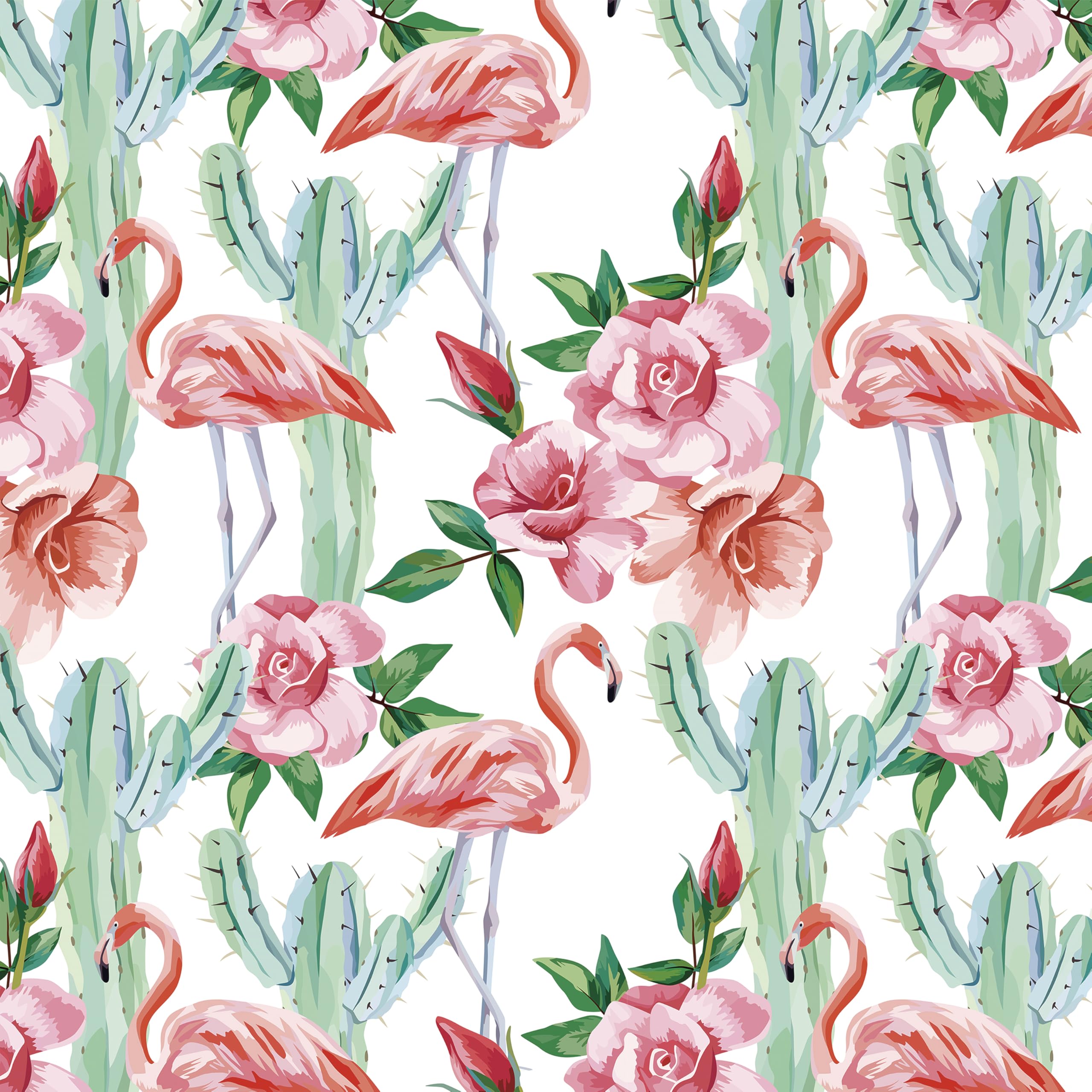 Decotalk Flamingo Peel and Stick Wallpaper Green Cactus Wallpaper 17.5x354 Inch White Wall Paper for Bedroom Bathroom Flamingo Wall Covering Cute