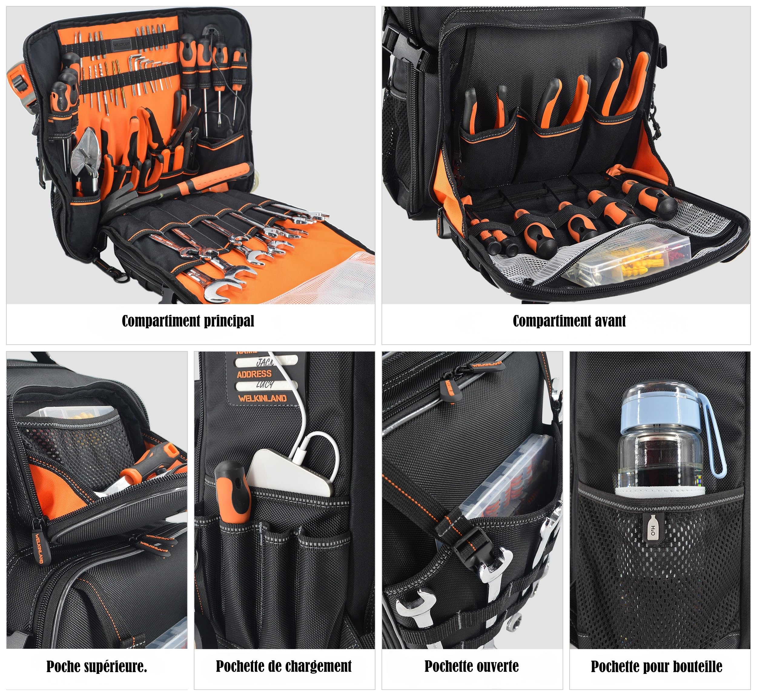 Welkinland Sac à outil et dos entièrement ouvert, sac à dos pour outils et électriciens