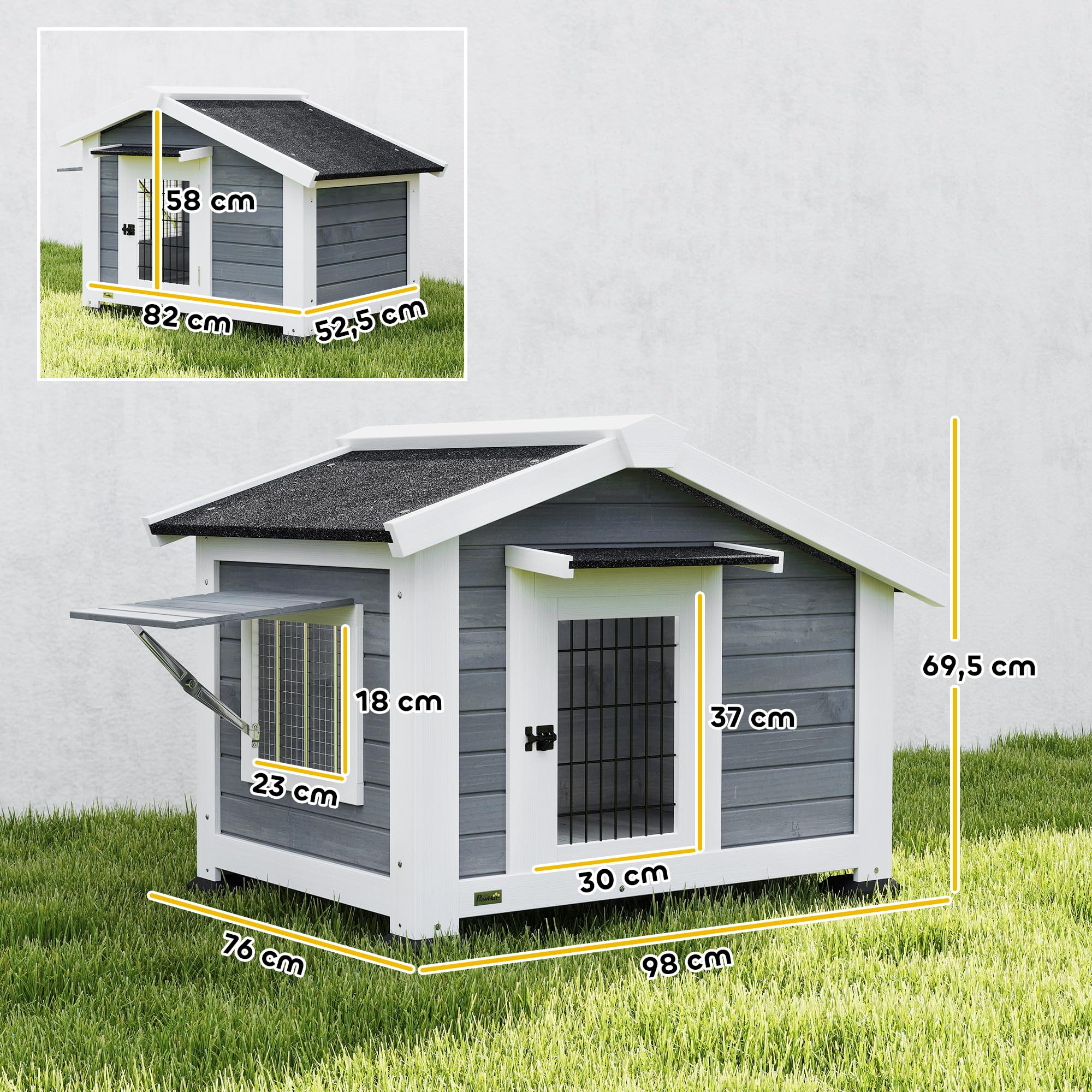 PawHut Caseta para Perros Exterior de Madera, Casa para Perros Medianos con Techo Asfático, Suelo Extraíble, Ventana Abatible y Puerta Ventilada, Base Elevada, 98x76x69,5 cm, Gris