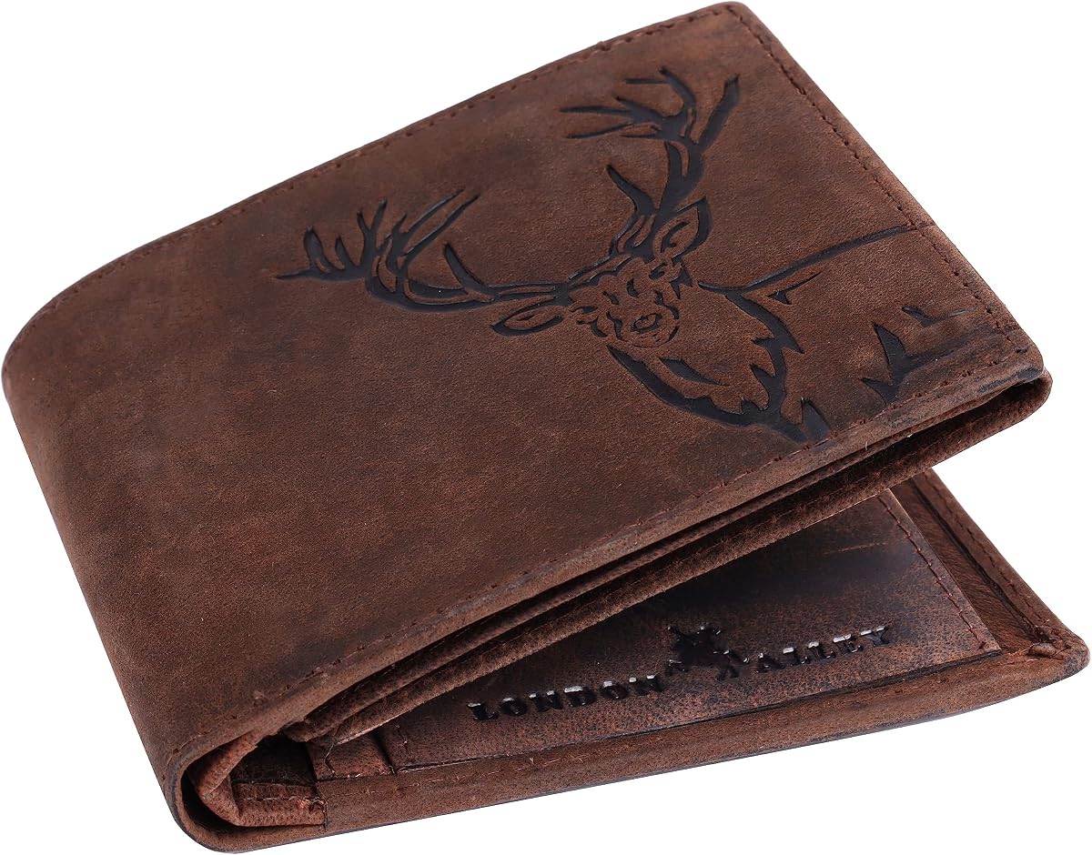 LONDON ALLEY Elk Vintage Brown Leather Wallet For Men, 6 Card Slot, RFID Blocking