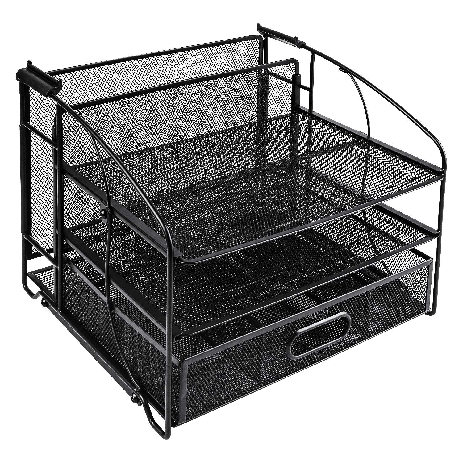 Amazon Basics Desk Organizer 3 Tray w/Sliding Drawer and Hanging File Holder, Black