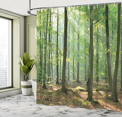 Miniatura 4 de Ambesonne Cortina de ducha con diseño de bosque, diseño de frescura, ambiente natural, para exteriores, tela de tela, juego de decoración de baño