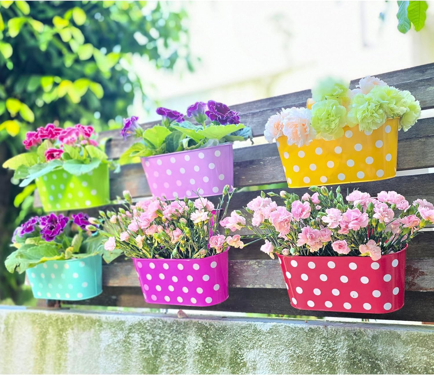 LaLaGreen Rail Planter Outdoor Plants (17 Inch, 6 Pack) Large Colorful Metal Iron Hanging Flower Pot Deck Railing Fence Buckets Countryside Style Window Plant Holder Hooks Porch Decor