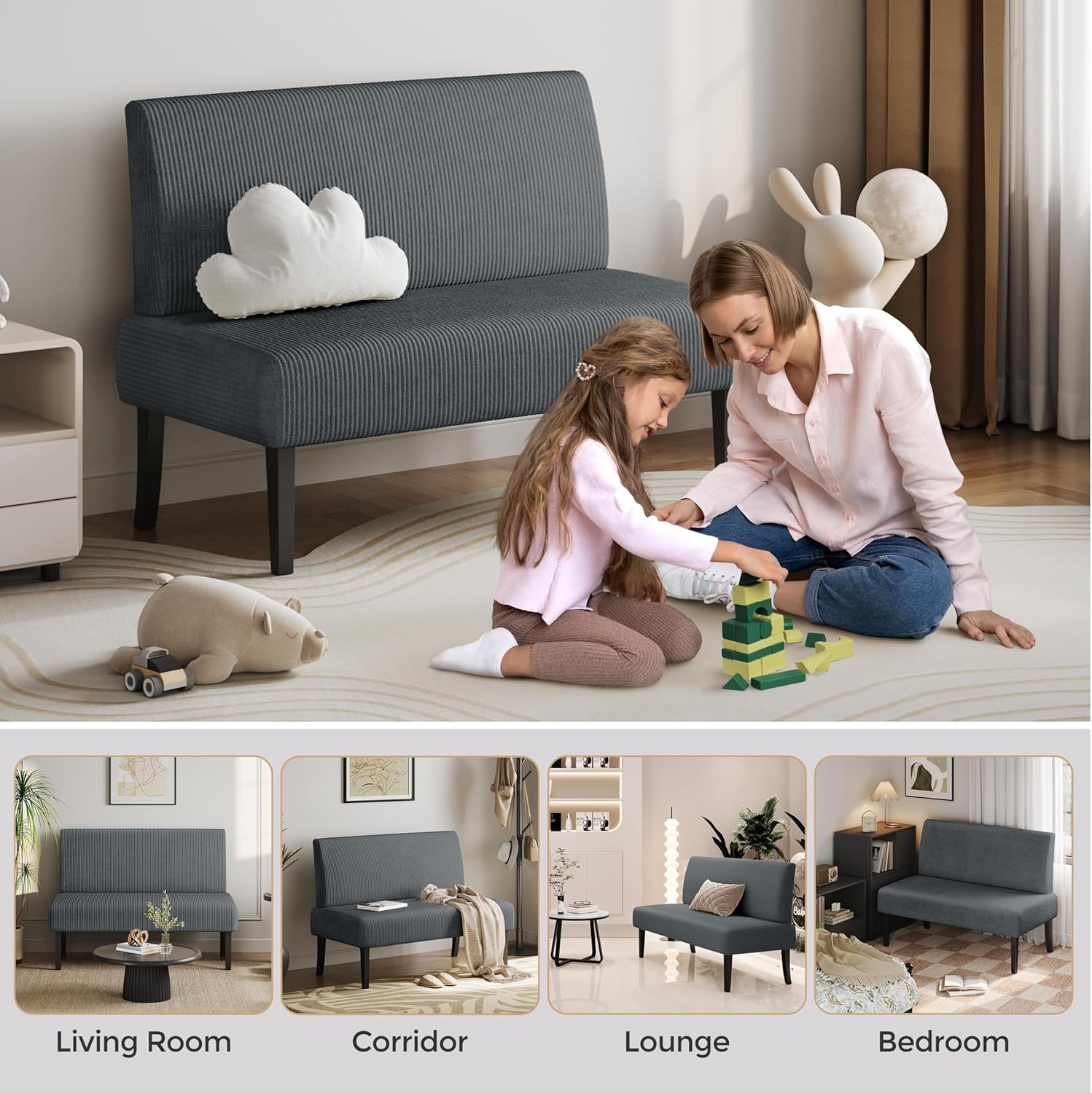 Yaheetech Small Mini Sofa Couch Armless Loveseat Futon for Bedroom, Corduroy Fabric & Easy Assembly, for Small Spaces Living Room,Dorm,Office,Apartment, Dark Grey