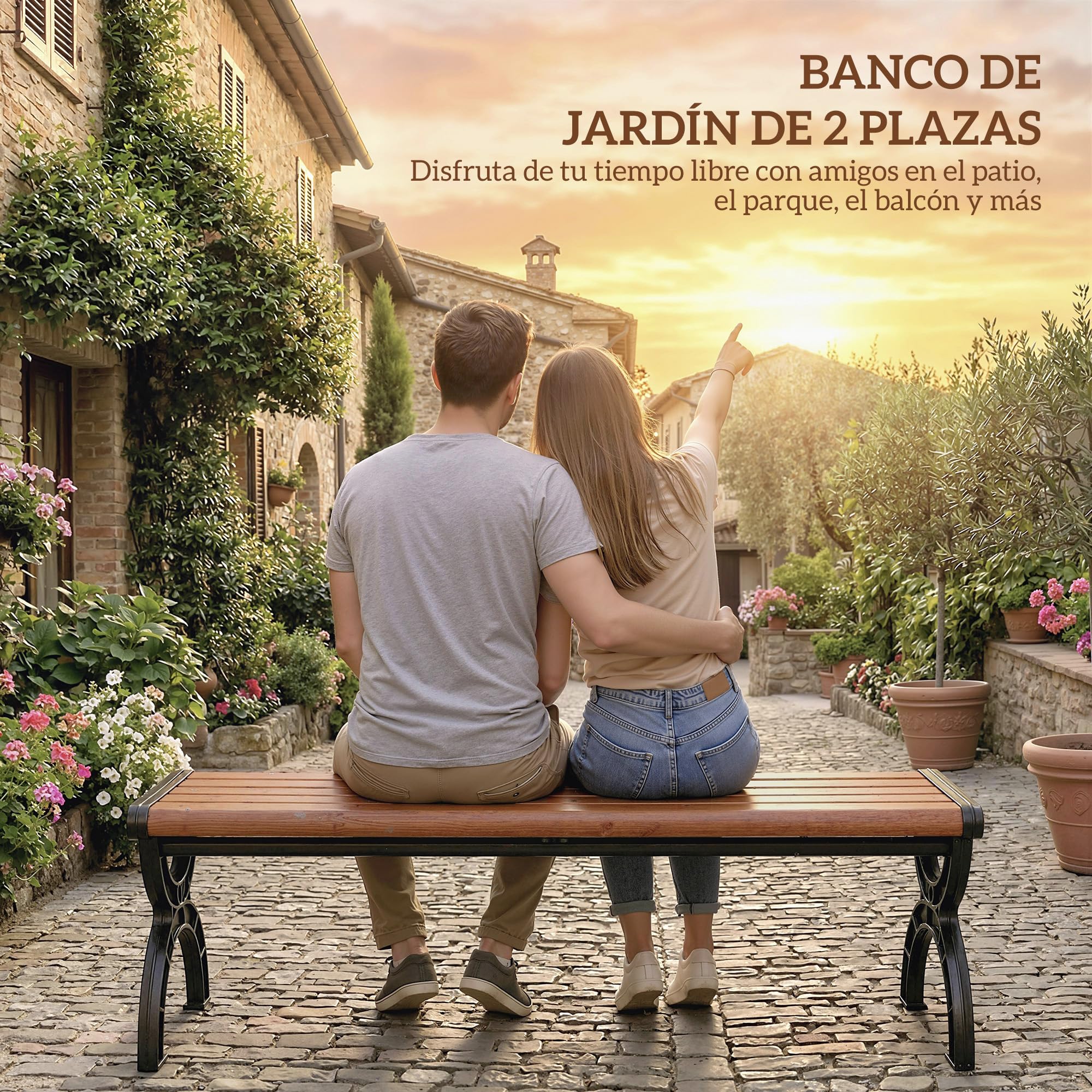 Outsunny Banco de Jardín Exterior de 2 Plazas Patio 124x39x39 cm Marrón | Banco Exterior, Estructura Metálica, Asiento Listonado, para Terraza