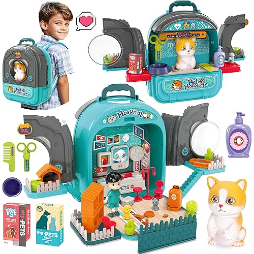 SMILESSKIDDO Pet Carrier Backpack Toy, 3 in 1 Pet Care Playset, Pretend Play Pet Hospital Accessories & Hair Dryer Toy, Cat Role Play Set for Boys Ages 3+