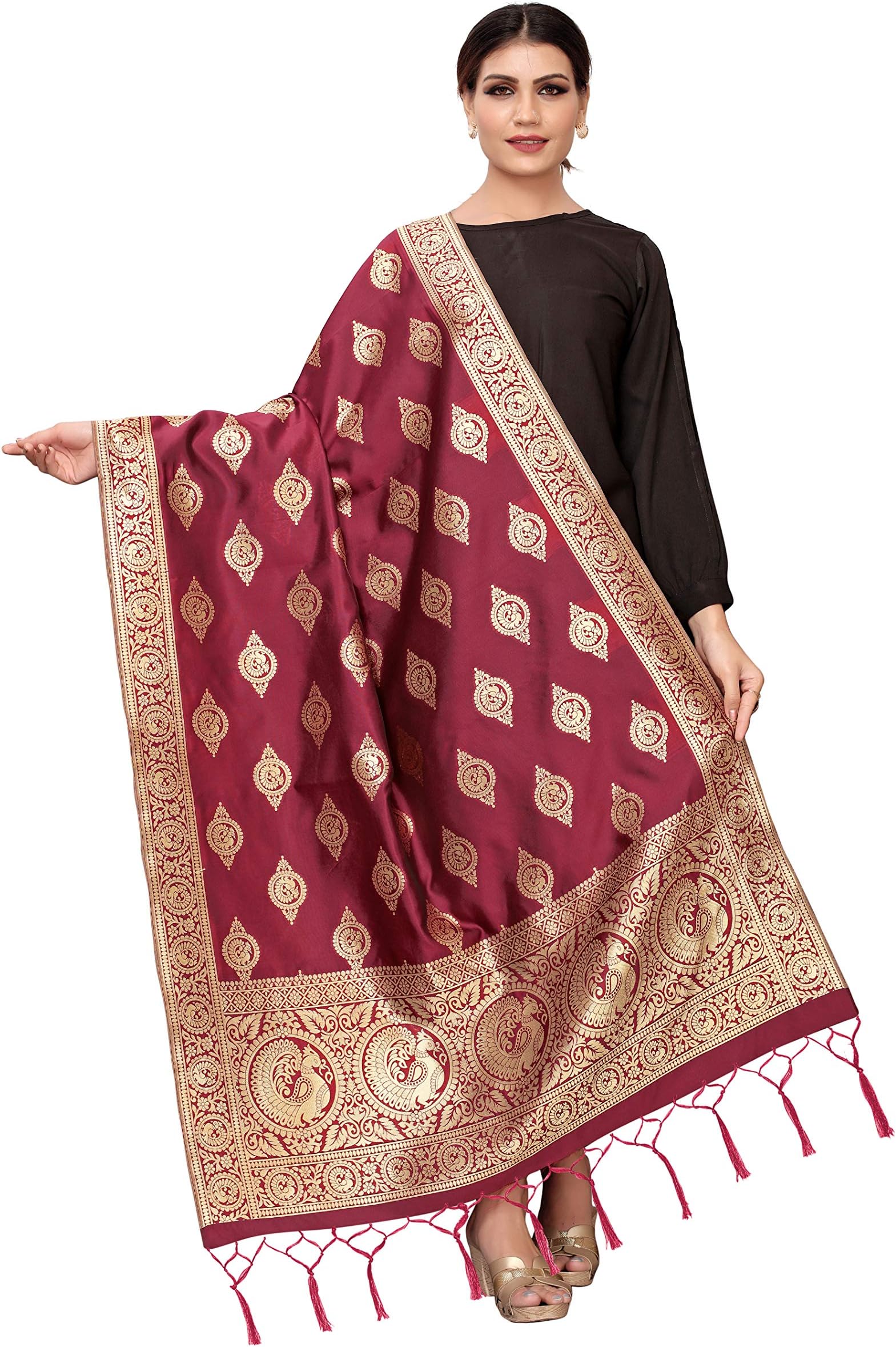 Jaanvi fashion Women's Bandhani Floral Woven Silk Dupatta With Zari Work