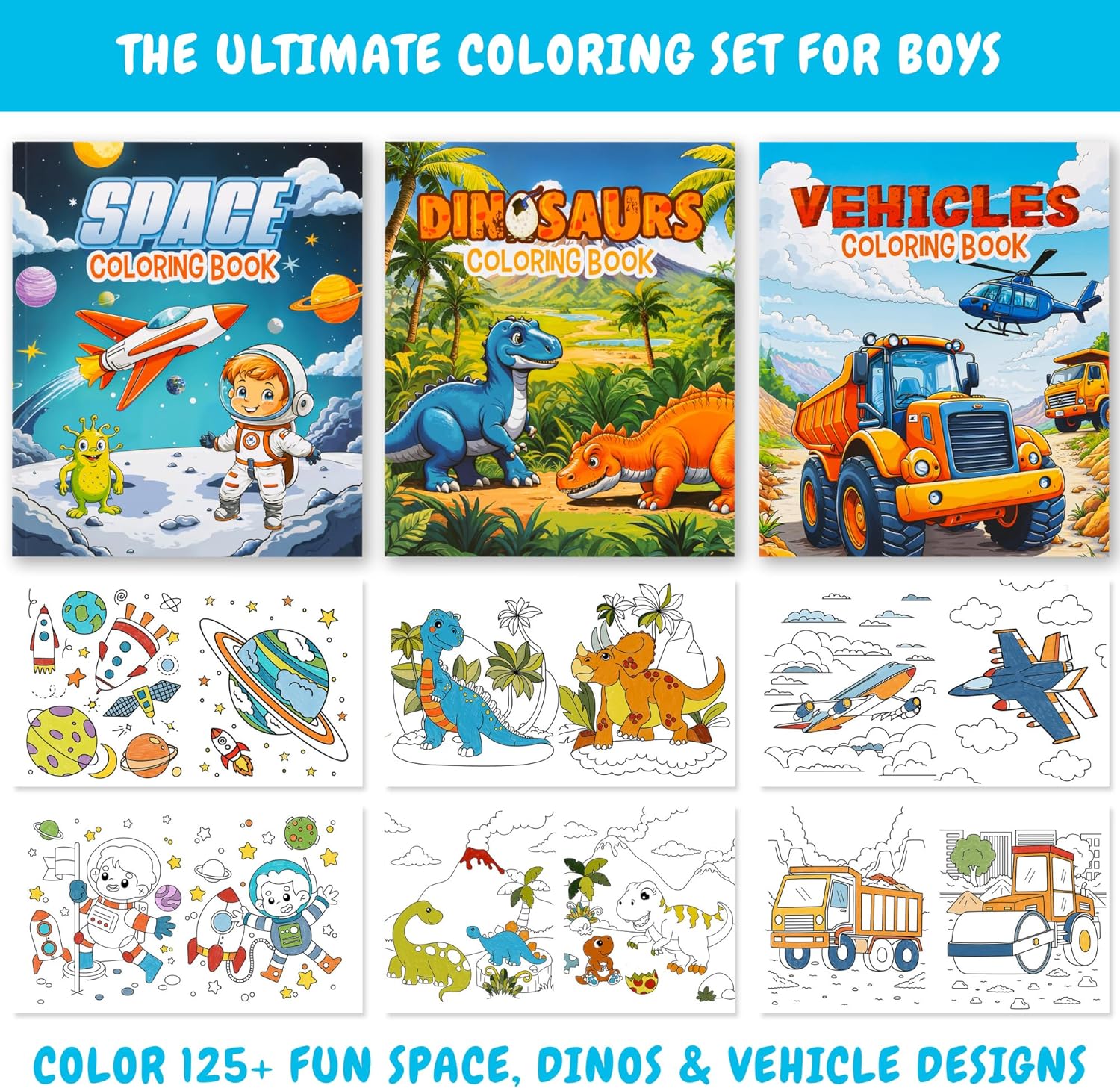 ZICOTO Fun Coloring Books for Kids Set of 3 – Exciting Dinosaur, Space & Trucks Coloring Book for Boys Ages 4–8 – Easy to Color Gift for Your Creative Little One