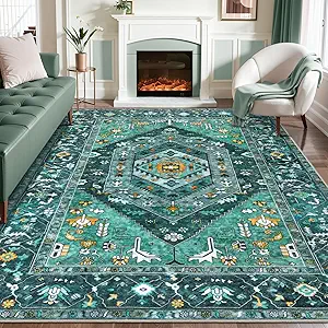 SERISSA Washable 8x10 Area Rugs Teal, Large Non-Slip Boho Living Room Rug, Ultra Soft Print Distressed Vintage Oriental Tribal Farmhouse Carpet for Dining Room Bedroom Dorm Office Home Decor