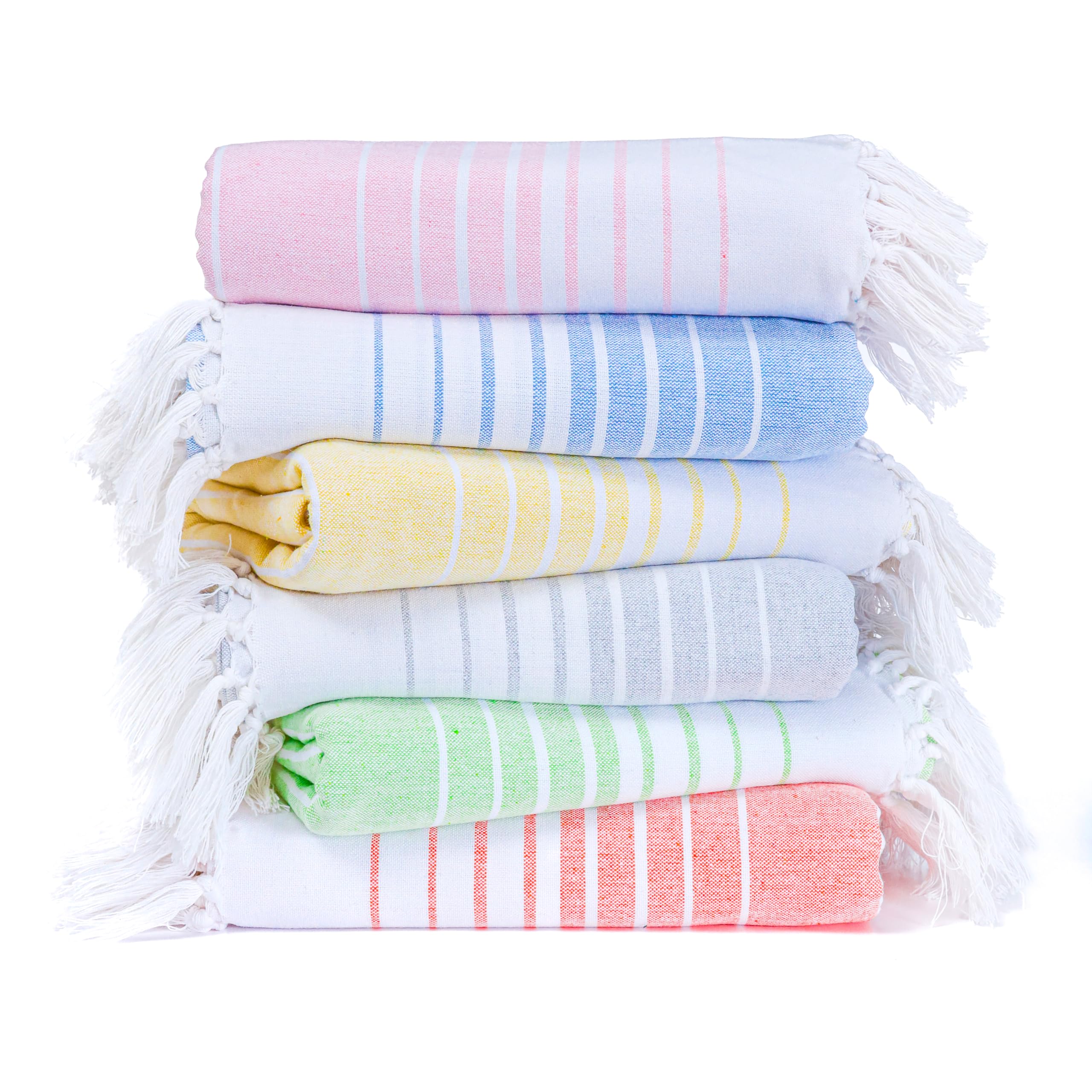 Native Fab Turkish Beach Towels - 6 Pack - Oversized 40"x71" - 100% Cotton, Lightweight, Thin, Quick Dry, Sand Free - Large Striped Towel for Adults, Travel, Bath, Swim, Camp - Multi 6 Colors