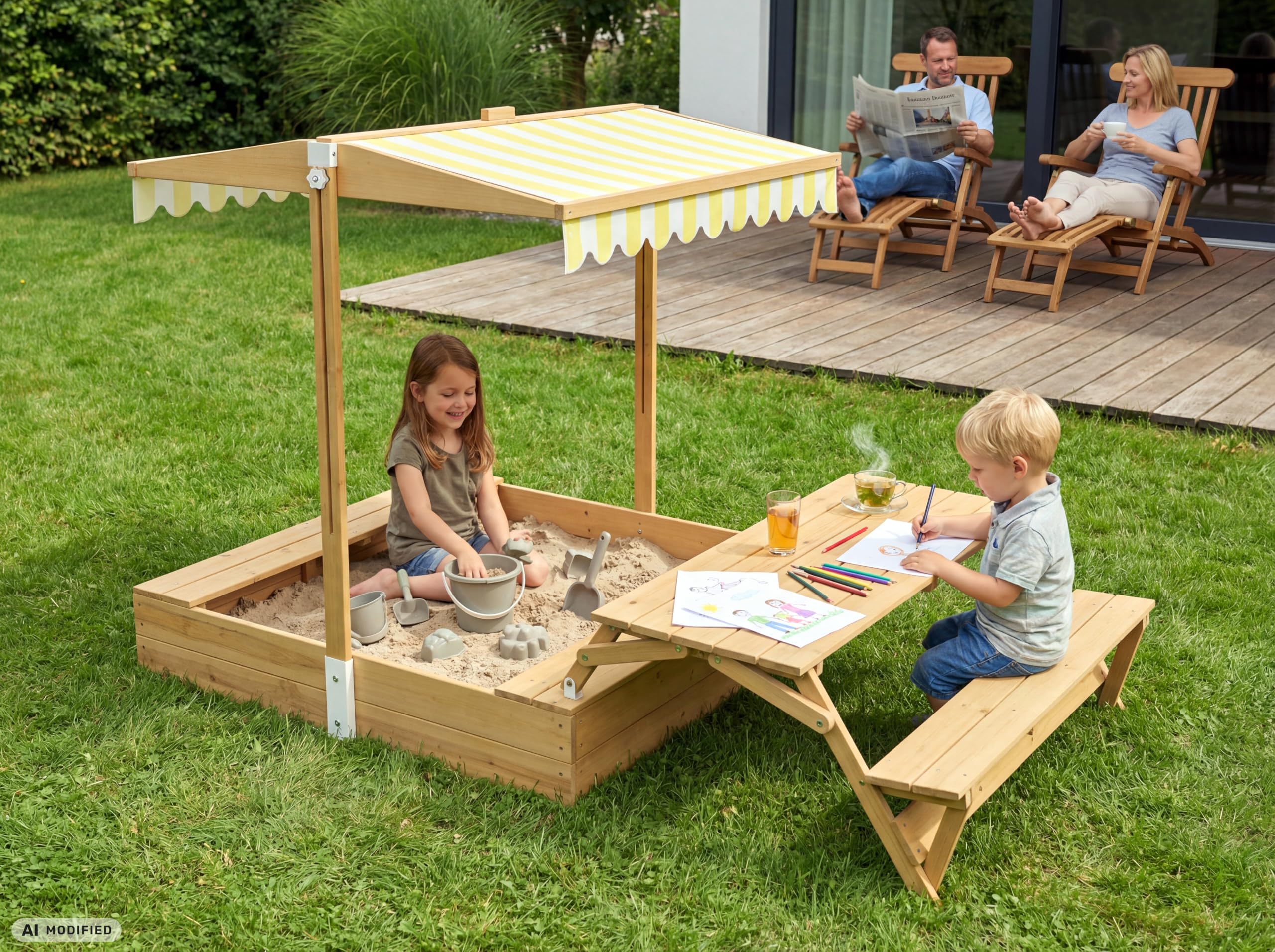 needs&wants® Bac à sable en bois avec table de pique-nique et toit, bancs et couverture, bac à sable pour enfants avec couvercle rabattable, protection UV, bac à sable carré pour jardin et aire de