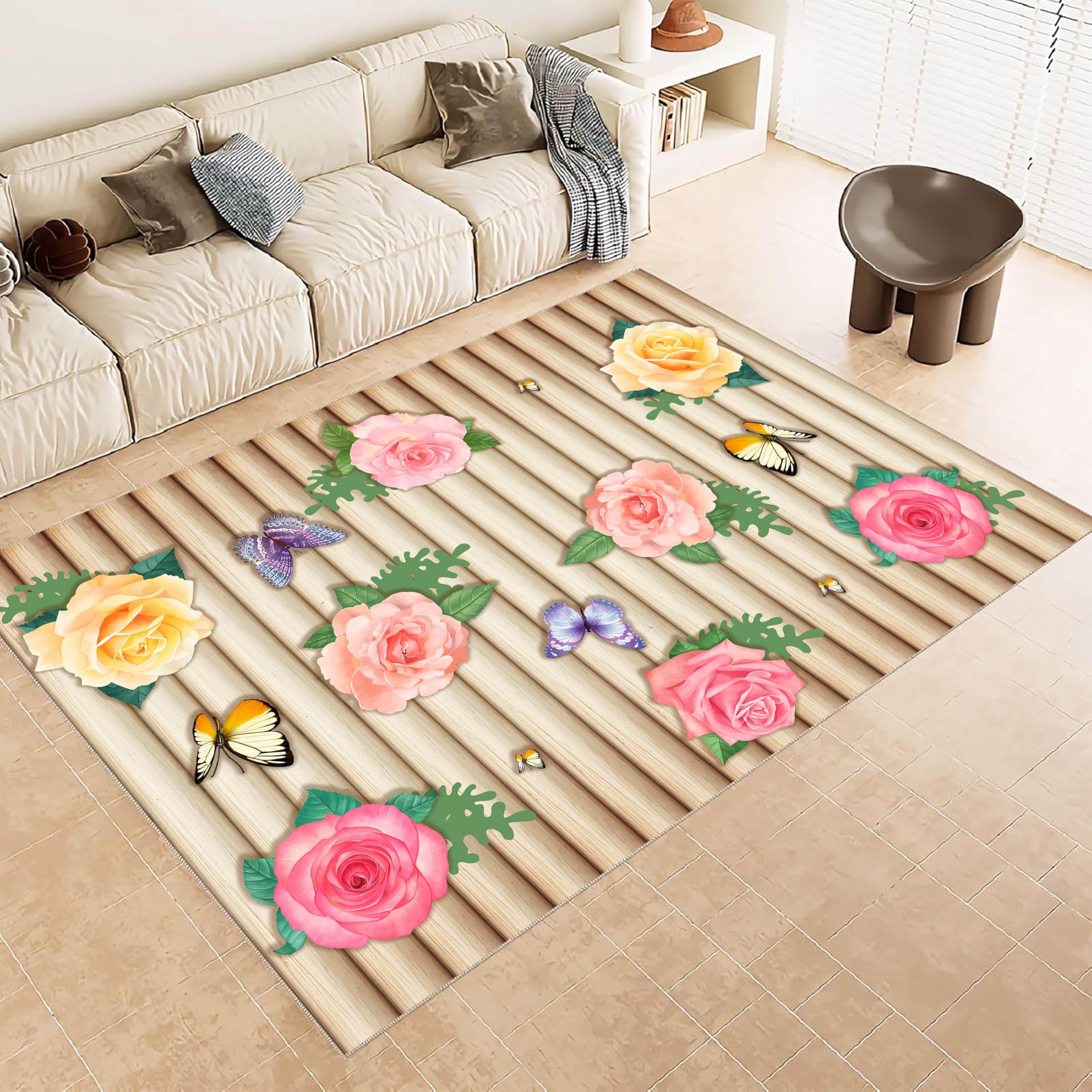 ZCLRUG Natural Floral Area Rug 70 x 140 cm, Washable Non Slip Pink Rose Flying butterflies bamboo curtain Rug, Soft Low Pile Warm pastoral style yellow Floor mat for Kids Room Nursery Hall Carpet