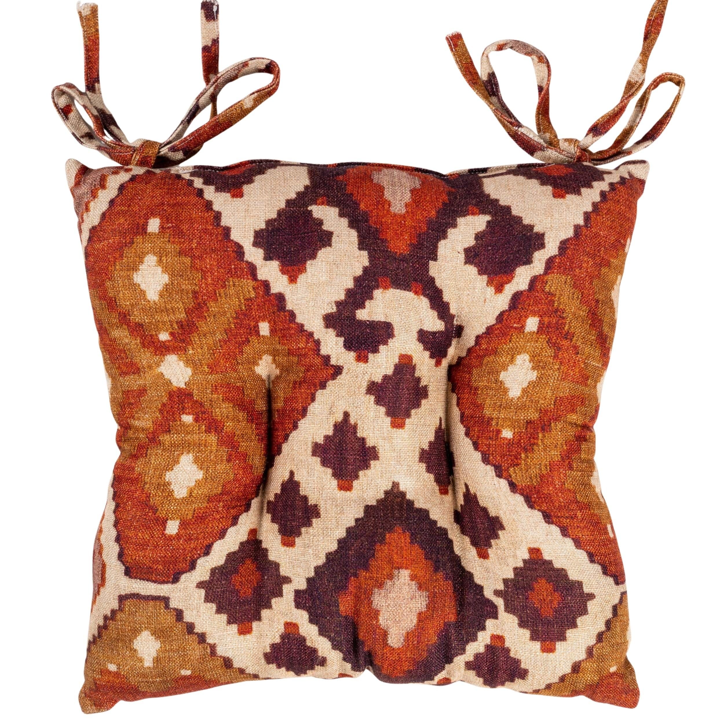 Linen Loft Brown Linen Kilim Quilted Fibre Seat Pad In Terracotta Red. Rustic Cottagecore Style, Luxury Chair Pad With Ties. Deep-Filled & Supersoft. 16X16" X 3"