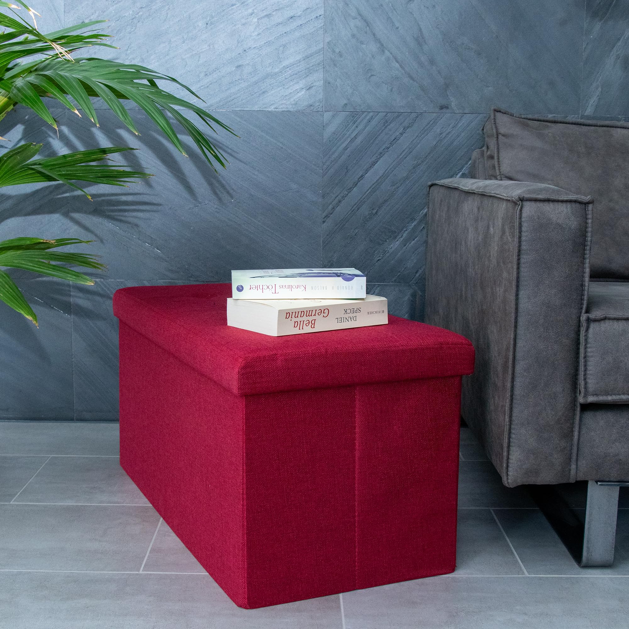 INTIRILIFE Banco Plegable 76x38x38 cm en Rojo - Cubo Con Tapa y Espacio de Almacenamiento de Tela Con Huecos - Asiento Reposapiés Plegable Caja de Almacenamiento Cofre Taburete