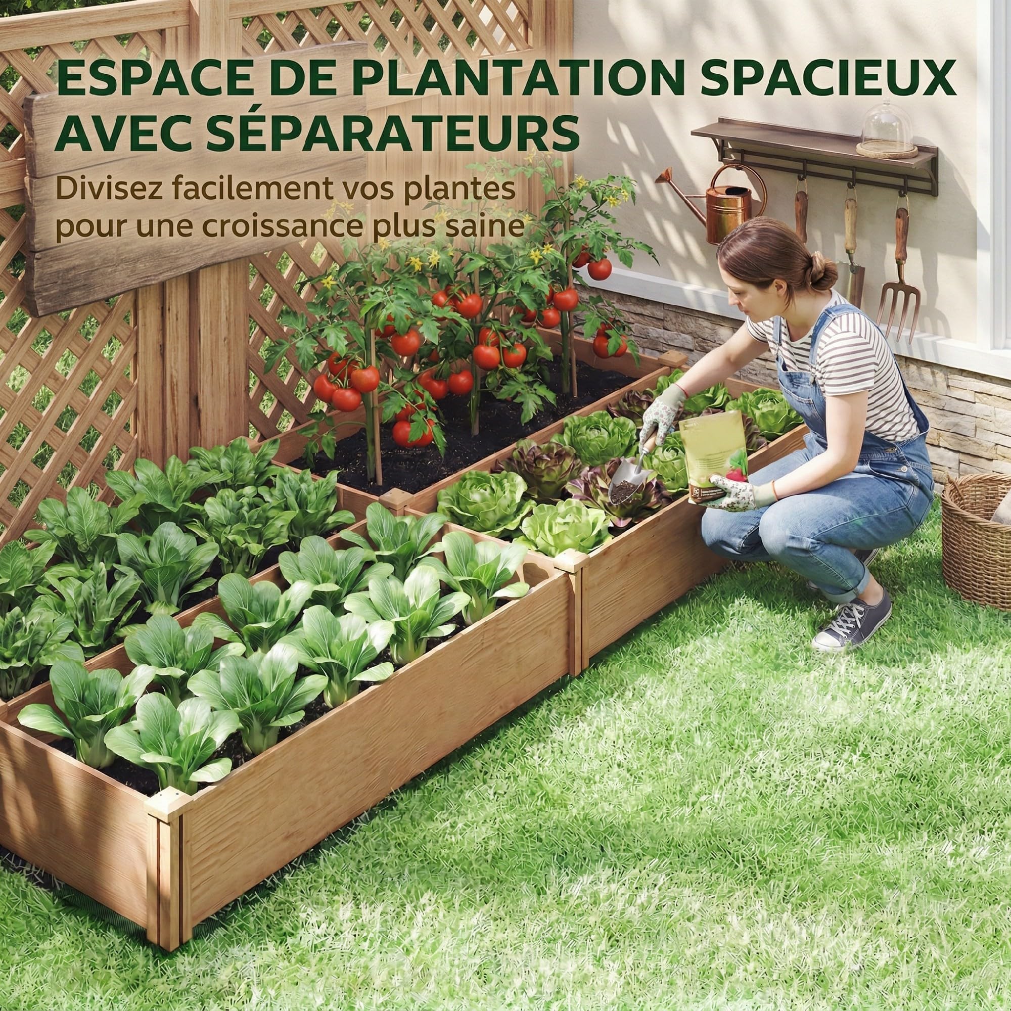 Outsunny Carré Potager en Bois 234x109x25 cm Lit de Jardin Surélevé 4 Zones de Culture Jardinière Extérieure à Fond Ouvert Montage sans Outil pour Légumes et Fleurs Marron Clair
