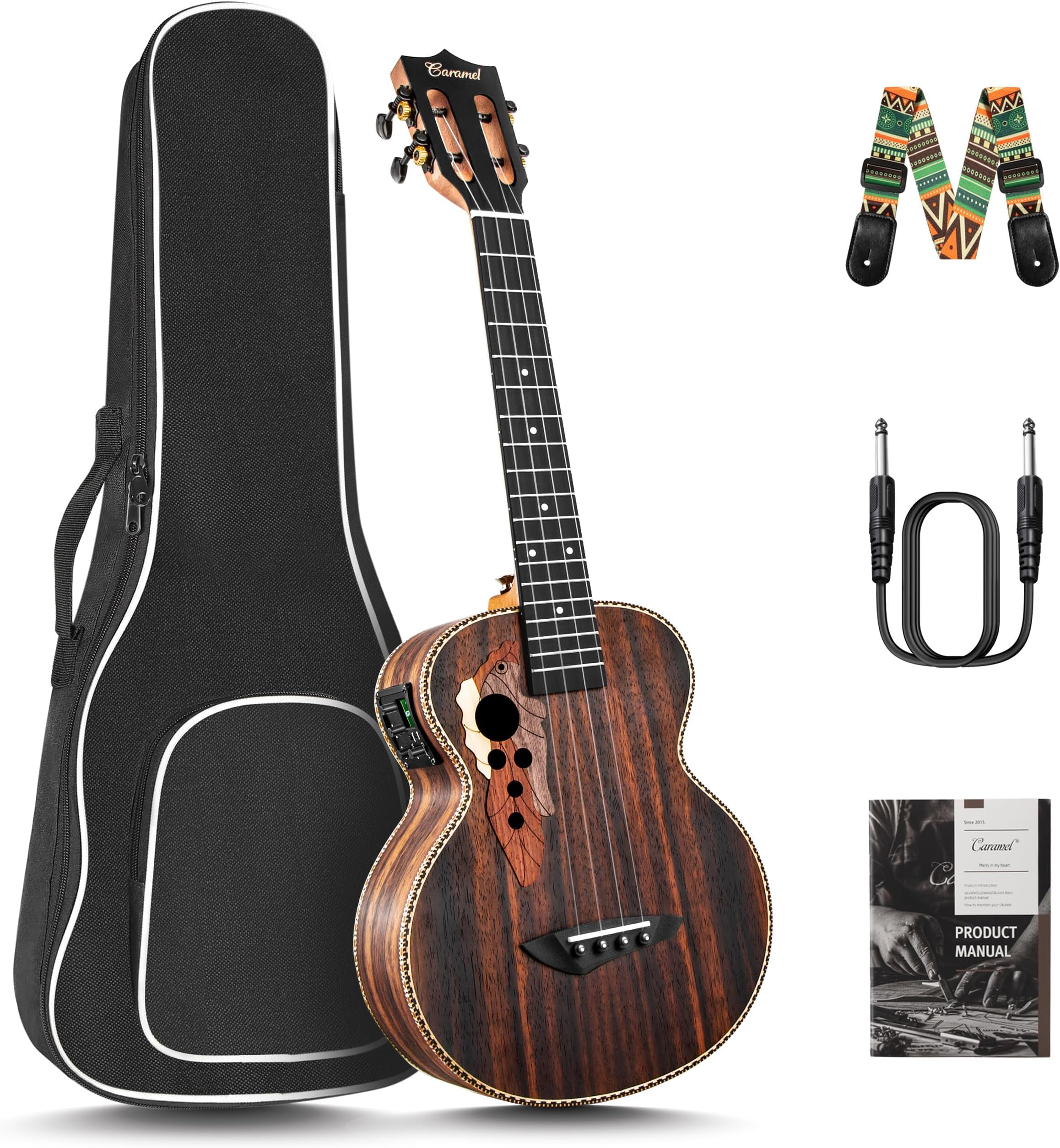 Caramel 26 inch CT904 Ebony Tenor LCD color display Electric Professional Player Beginners Ukulele Uke Kit Bundle Padded Gig bag Strings,Strap
