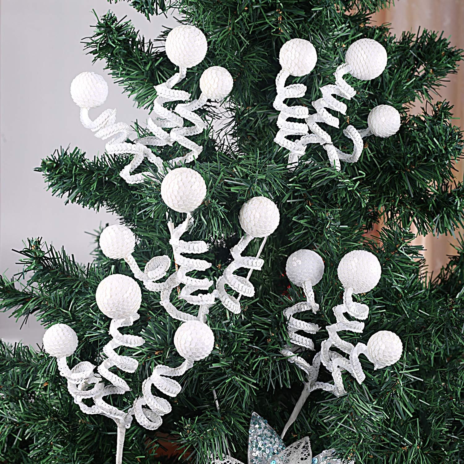 ZHANYIGY 6PC Set White Christmas Tree Decoration Sequins Ball Curly Pick, Christmas Tree Decorations Christmas Tree Topper Star Home Office Perfect Party Decorations Gifts
