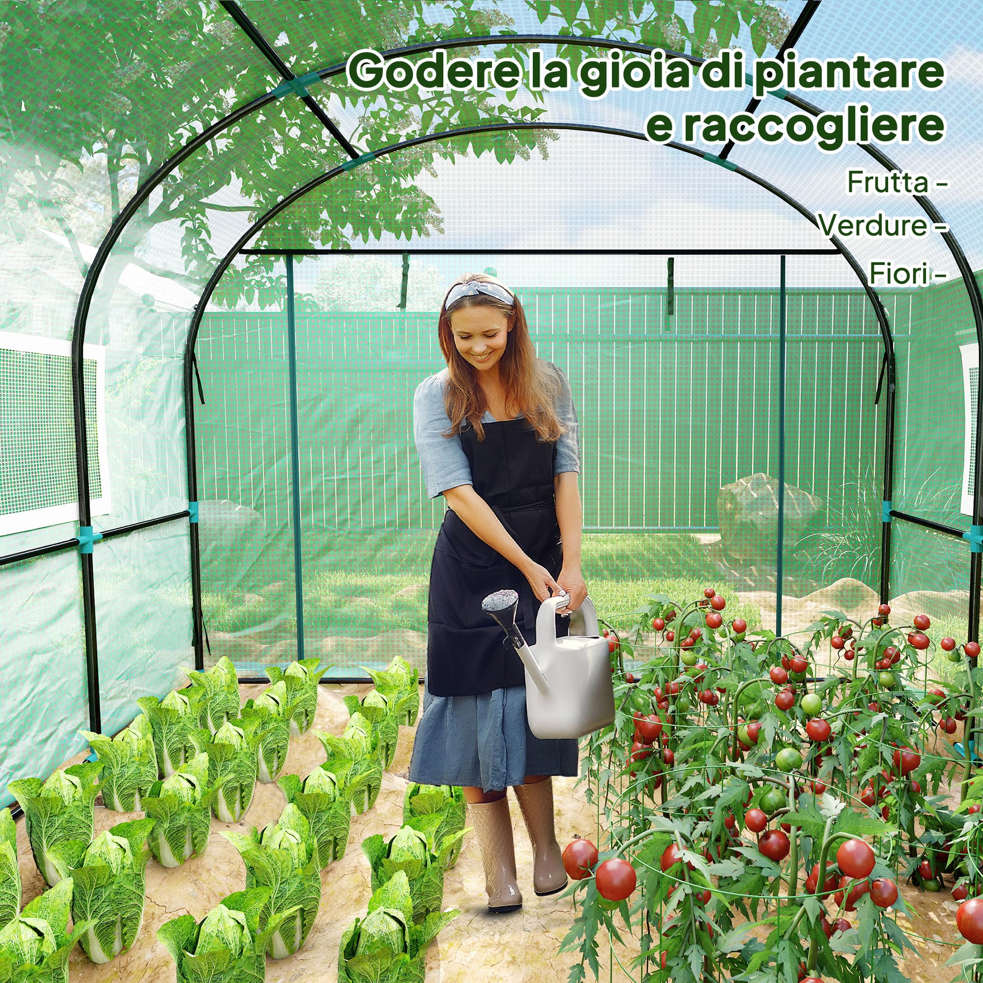Outsunny Serra da Giardino a Tunnel 3x3x2 m con Porte e Finestre Avvolgibili, Serra per Orto con Struttura in Acciaio e Copertura PE, per Orto Verdure Fiori Frutta, Anti UV, Verde