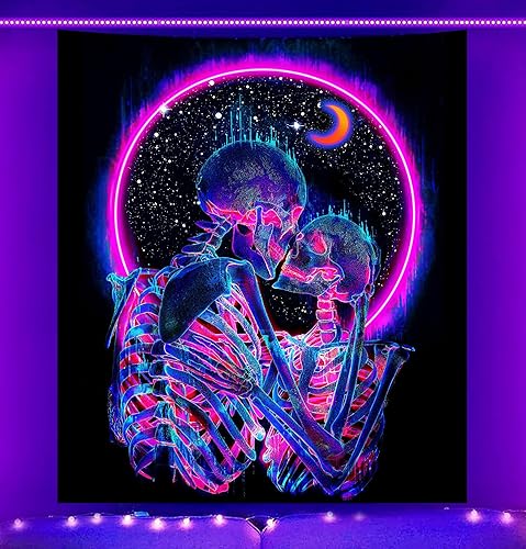 Miniatura 3 de TUGCAY Tapiz de calavera con luz negra que brilla en la oscuridad, tapiz para amantes de los besos, esqueleto, neón, luna trippy, estrellas,
