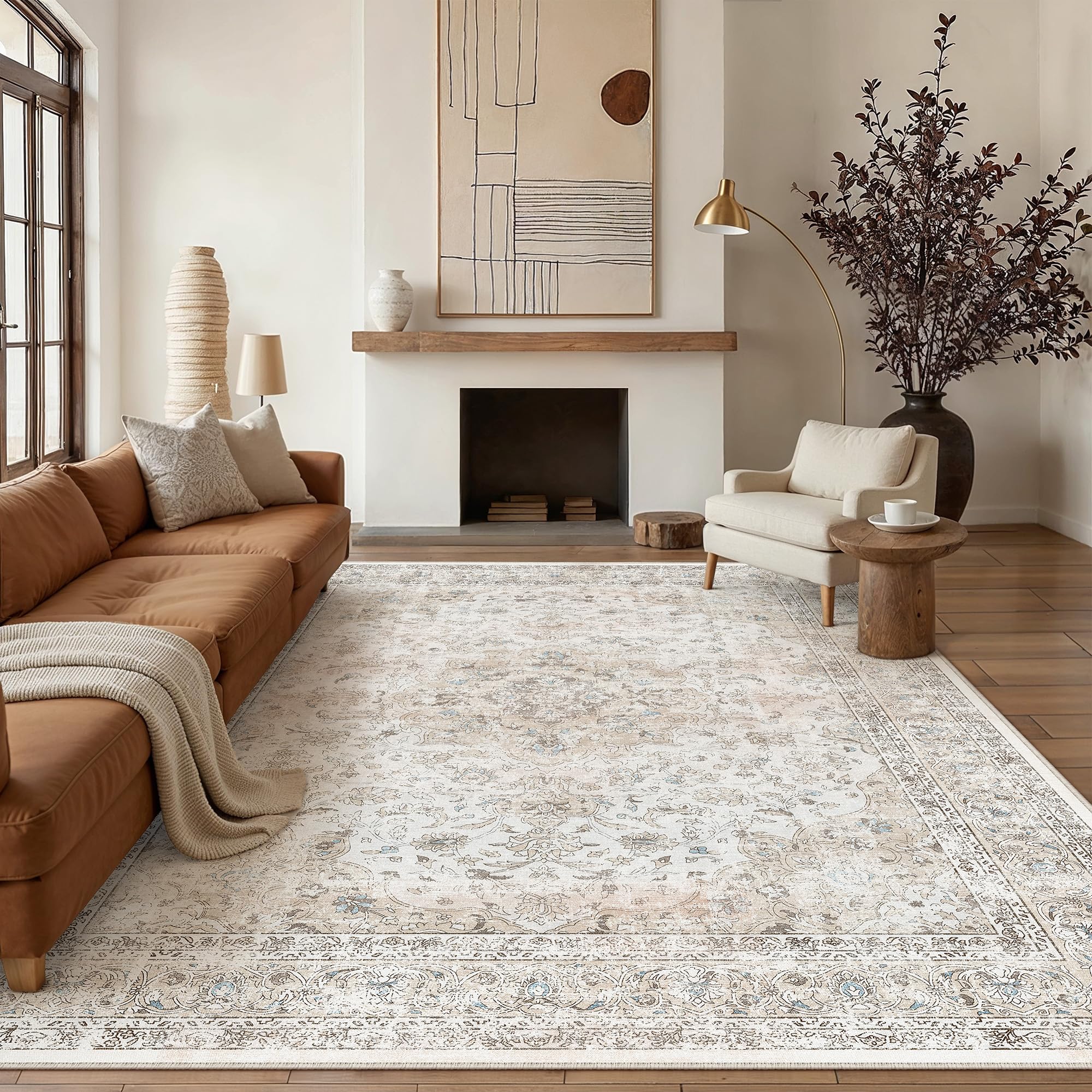 PureCozy Teppich Wohnzimmer 200x300cm Beige Waschbarer Vintage Cream Wohnzimmerteppich kurzflor rutschfest Weich Groß Retro Carpet für Schlafzimmer Esszimmer Bedroom Living Room Büro