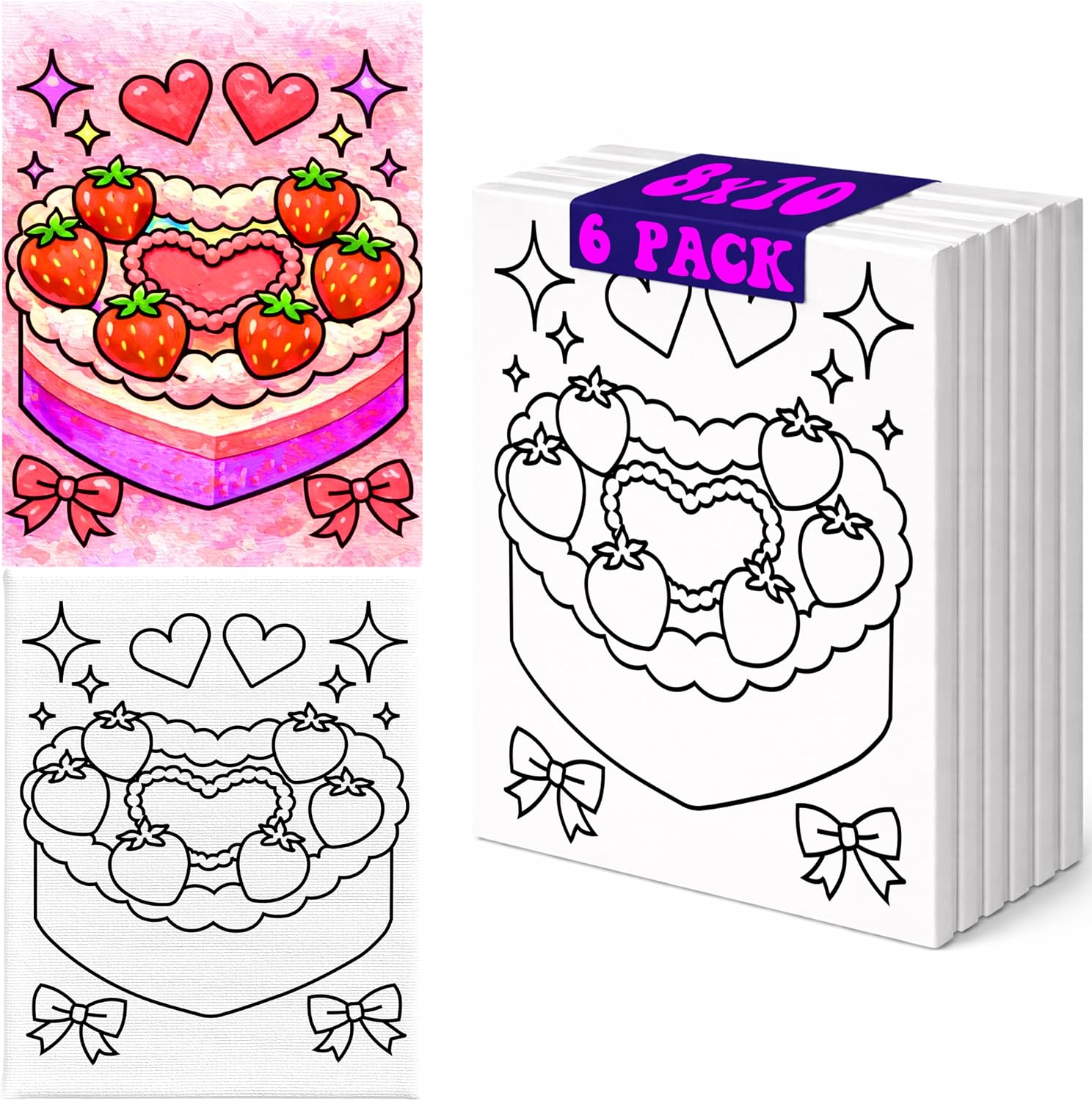Pre Drawn Heart Strawberry Cake Canvas 6 Pack Retro Valentine Paint and Sip Party Activity Beginner Friendly Pre Sketched Stretched Canvas for Girls Night Galentines Classroom Events (6 Pack, 8x10)