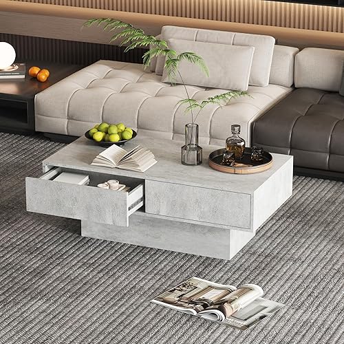 Mesa de centro LED con 2 cajones de almacenamiento para sala de estar, mesa central moderna de cóctel, mesas de té, mesa de centro rectangular de