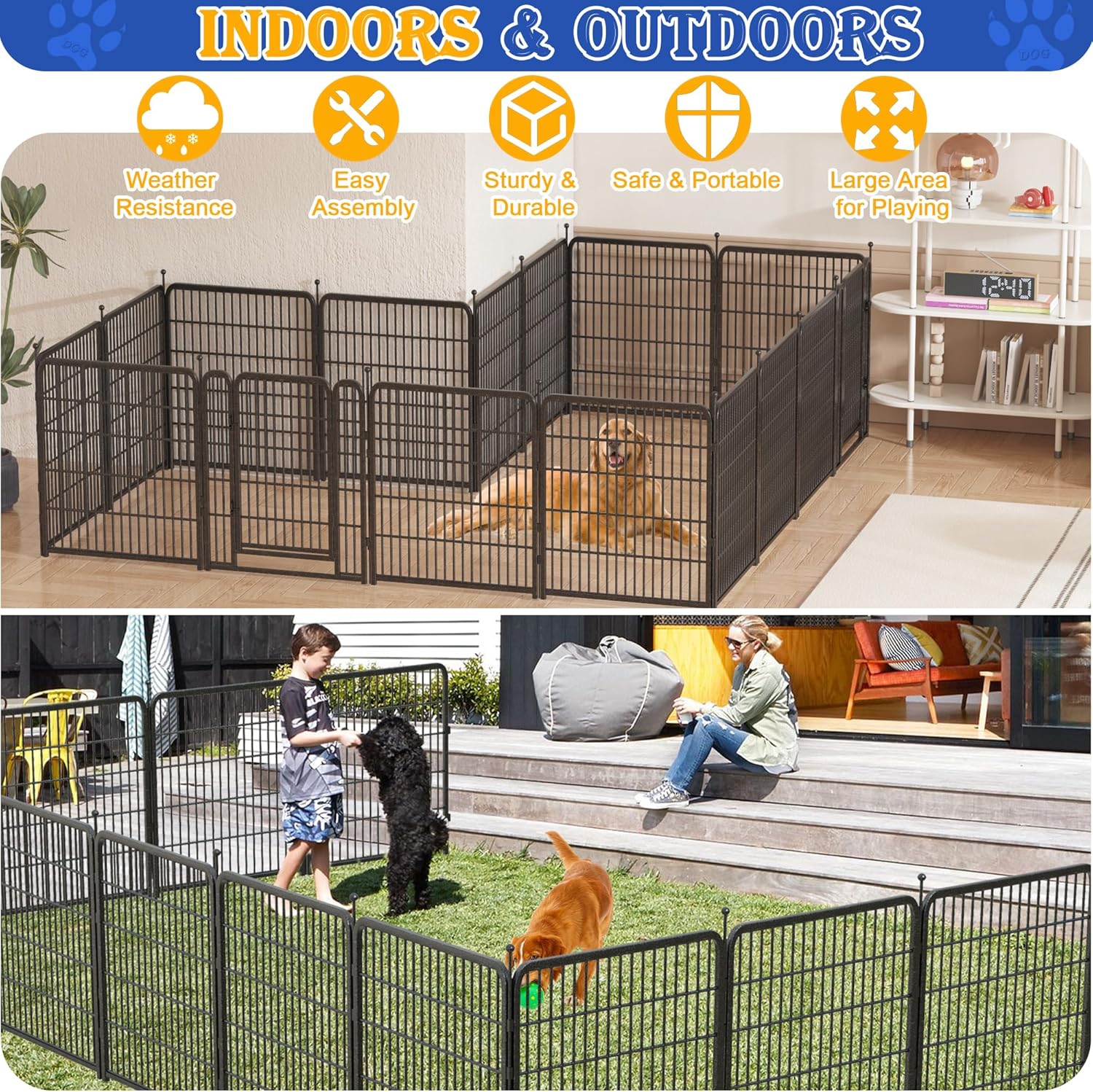 Dog Playpen Outdoor,Portable 16 Panels 40" Height Dog Fence with Anti-Rust Paint Finish for Large/Medium/Small Dogs,Pet Playpen for Yard,Camping,32in*40in*16panel