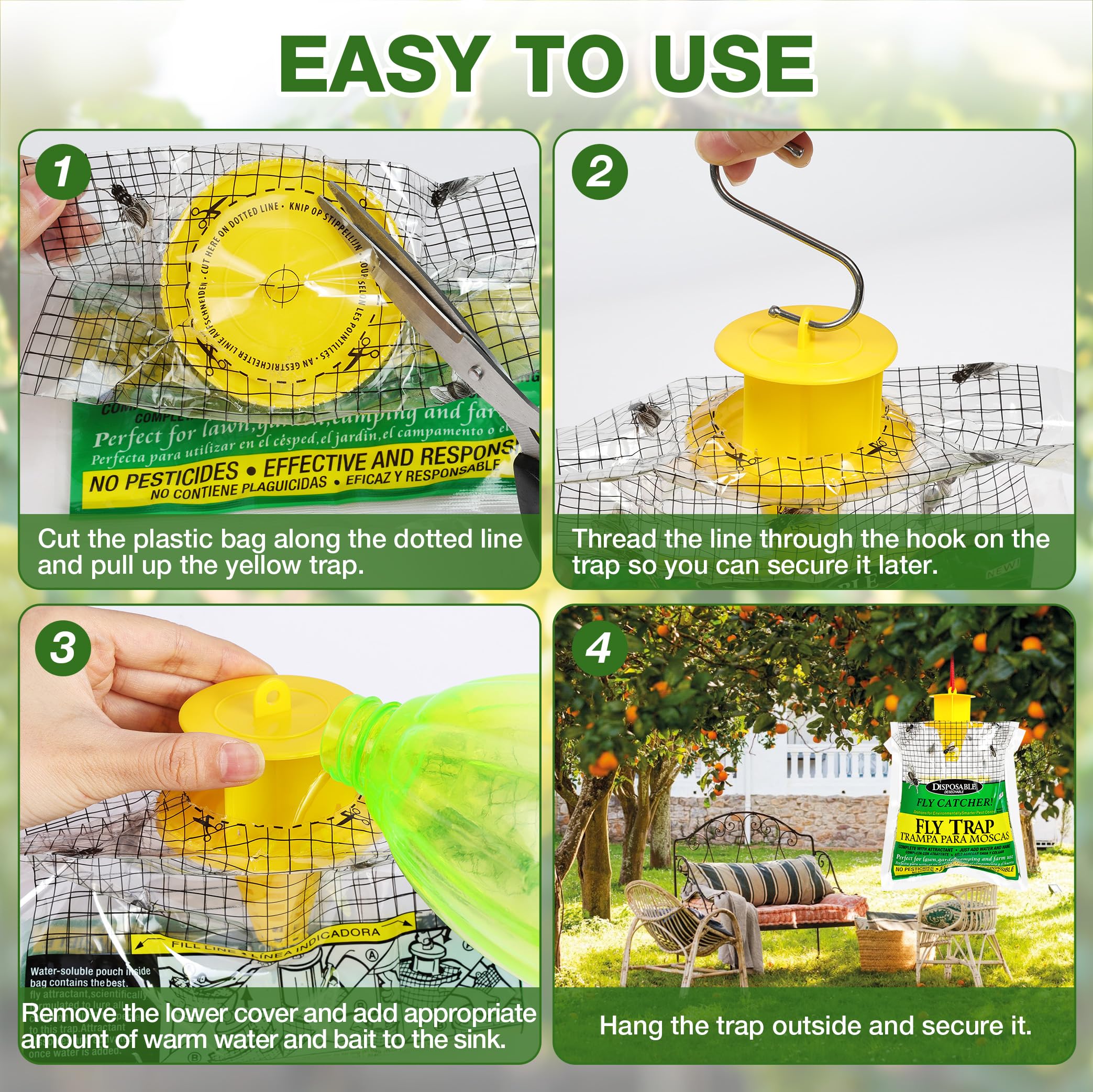AOOWU Trappola per Antimosche da Interno Esterno, 3 Pezzi Trappola per Mosche, Appendere Trappola per Zanzare, Cattura Mosche con Alimenti per Giardino, Casa, Cucina, Zanzare, Esterno, Interno