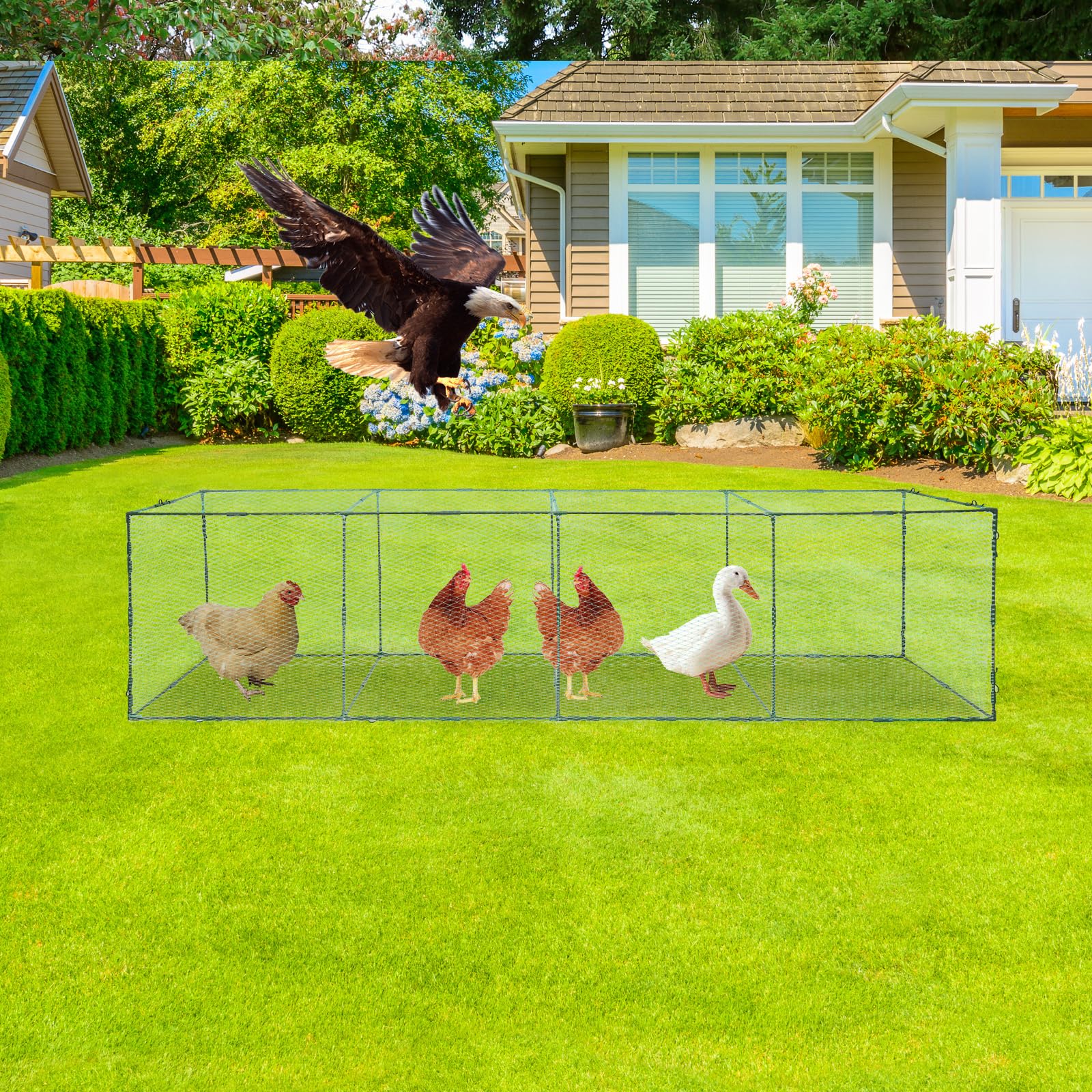 Tunnel pour poules - 320 x 80 x 80 cm - Portable - Grand tunnel pour poulets - Parc mobile pour volailles - Cadre en acier robuste avec filet en nylon - Pour 20 à 30 poules, canards et lapins