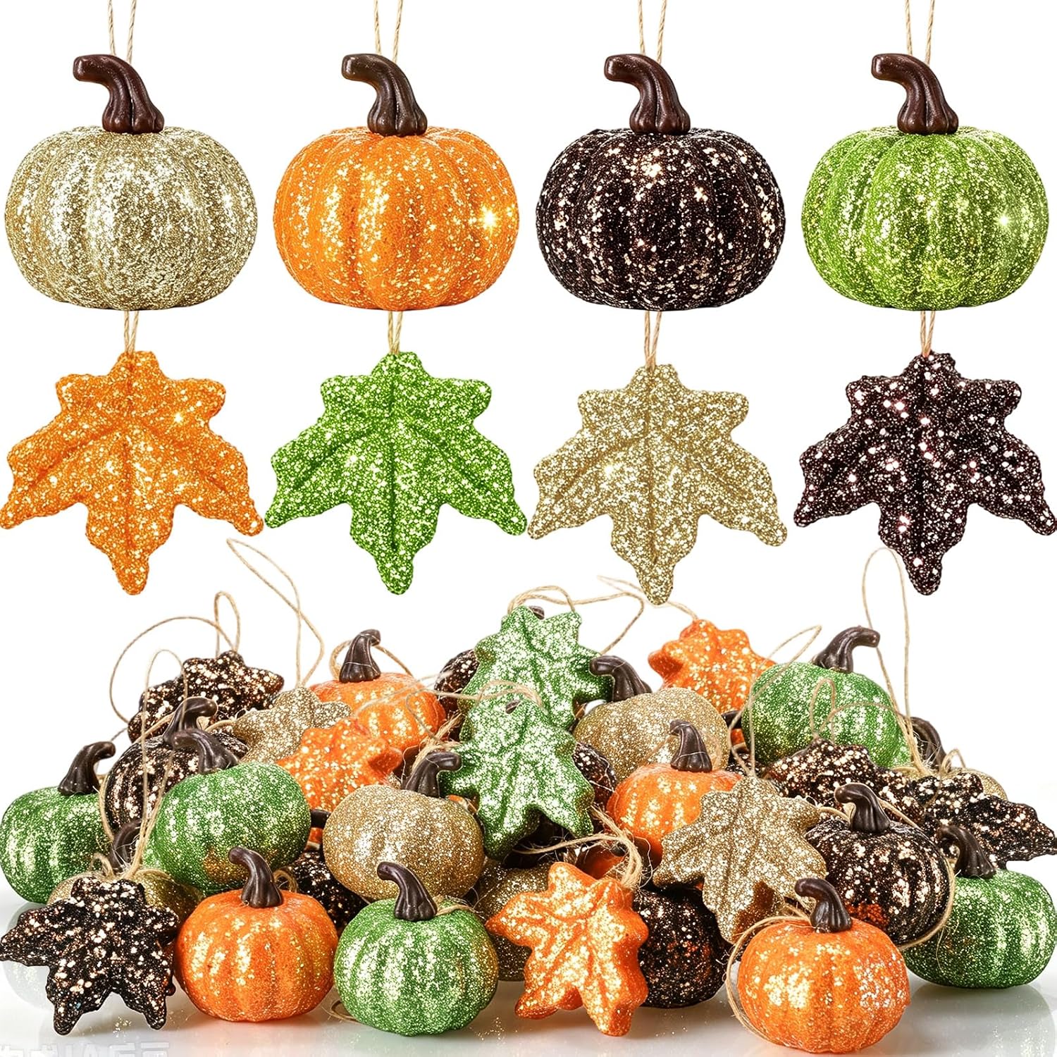 Amyhill 40 Pcs Fall Tree Ornament Pumpkin Maple Leaf,Gold Silver Orange Red