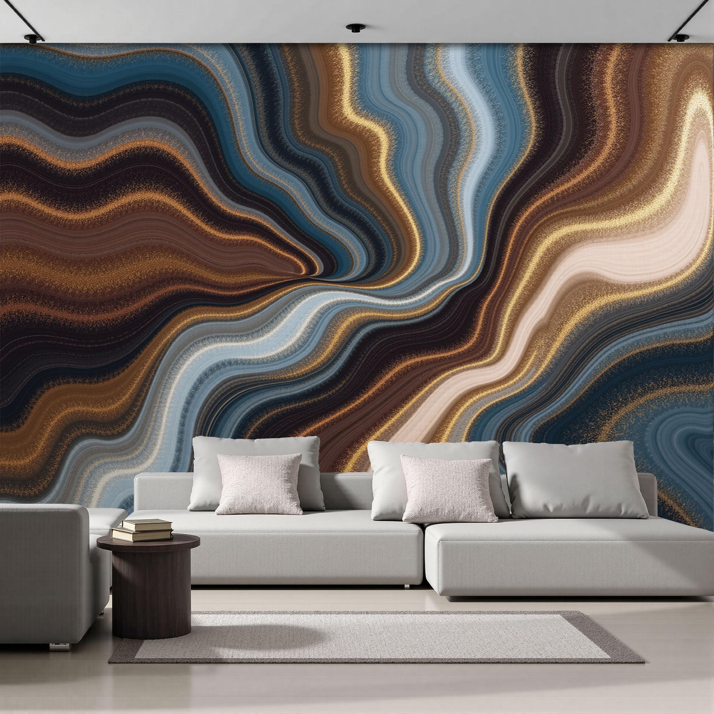 Papier peint panoramique vagues ethniques marron bleu aspect marbre de prestige 250x175