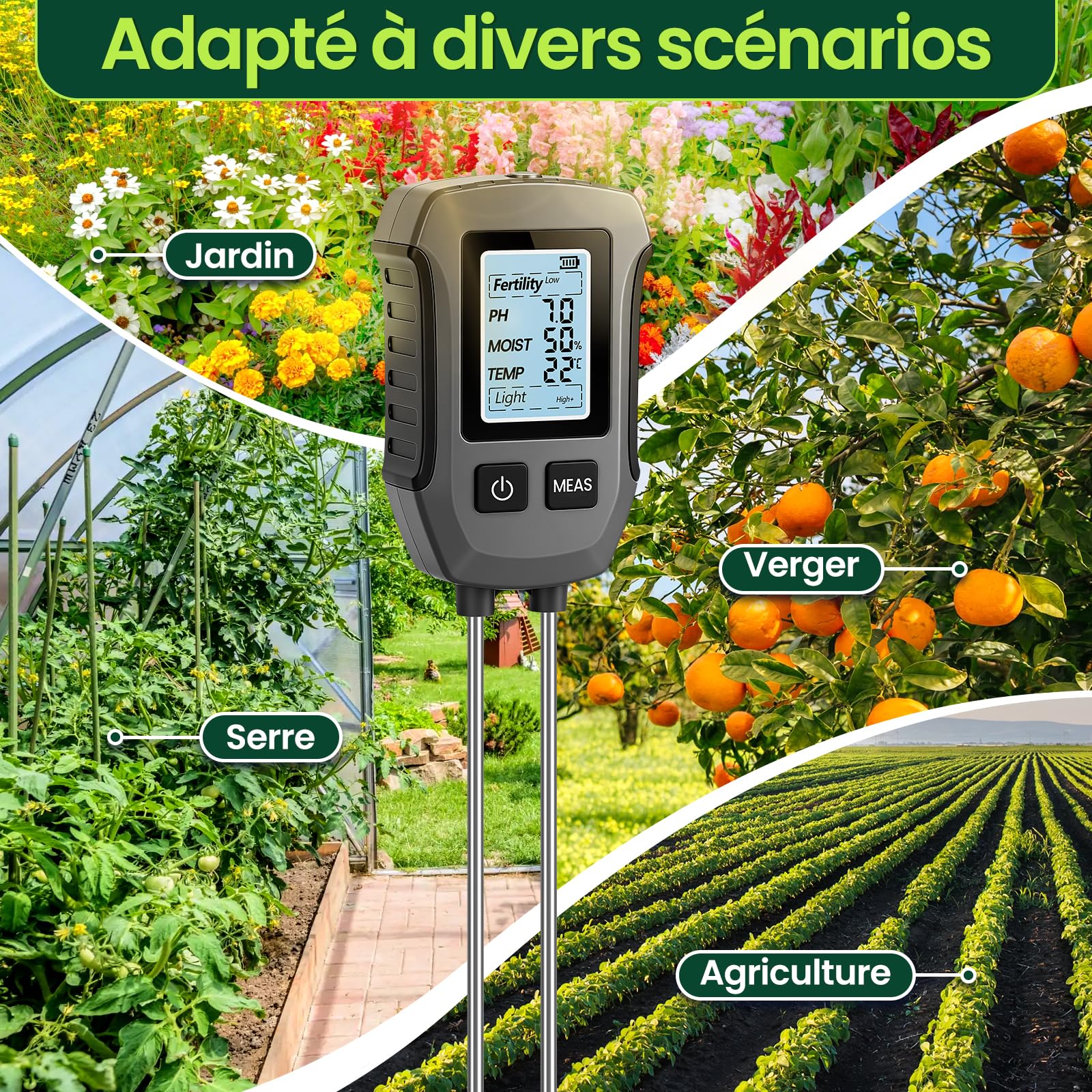 FORMIZON Testeur Humidité Plante 5 en 1, Atesteur pH Sol pour Le pH/la Fertilité/l'Humidité du Sol/la TempéRature/L'Ensoleillement, avec Écran LCD Éclairé Humidimètre pour Jardin et Pelouse