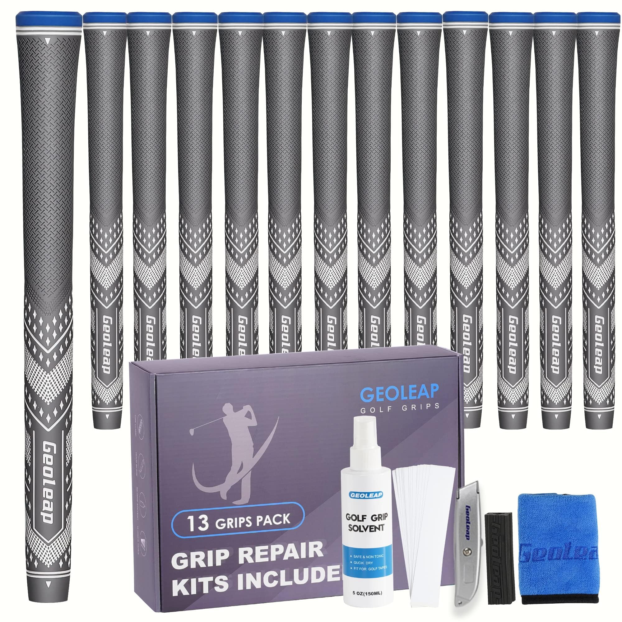 Geoleap Golf Grips Set of 13- Soft Reduce Taper Design Provides High Traction and Performance,13 Golf Club Grips with 15 Tapes or with All Repair Kits