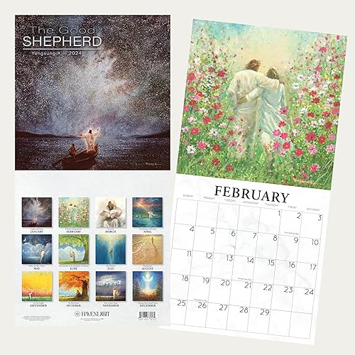 HavenLight Calendario artístico para pared 2024  "El buen pastor" por Yongsung Kim, 12 x 12 pulgadas impreso en papel de archivo de alta calidad,