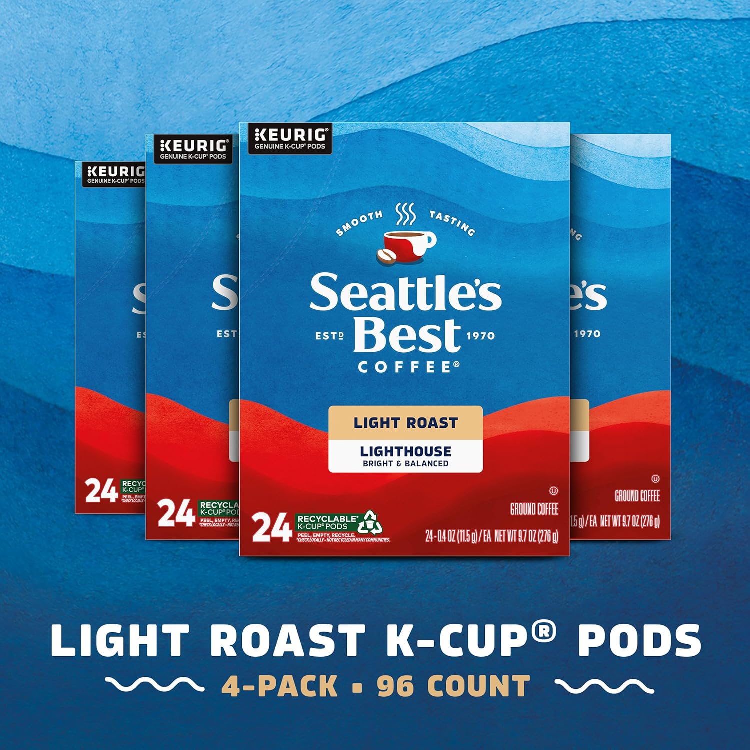Seattle’s Best Coffee, Light Roast K-Cup Coffee Pods, Lighthouse, Arabica, 4 Boxes (96 Pods Total)