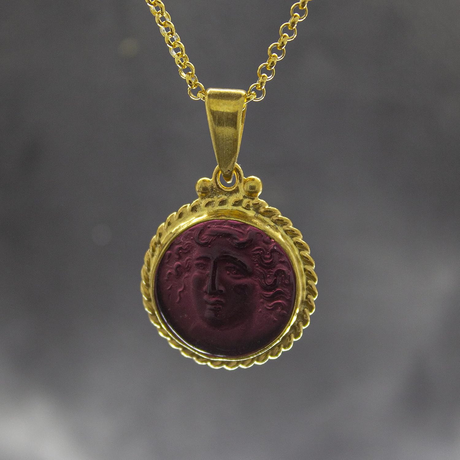 Medusa Intaglio Venetian Glass Necklace | 925 Sterling Silver | Ancient Greek Carved Medusa Intaglio Pendant | Purple Glass Ring by Pellada