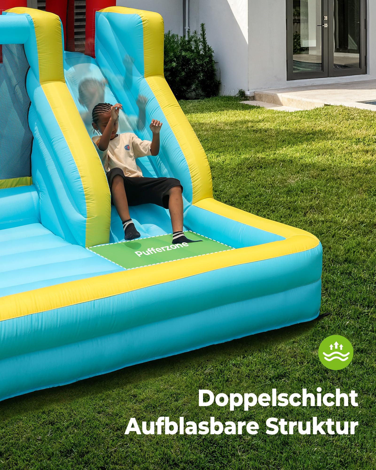 Outfunny Hüpfburg groß für Kinder, Aufblasbare Hüpfburg Indoor & Outdoor mit Gebläse 450W, Rutsche - Blau